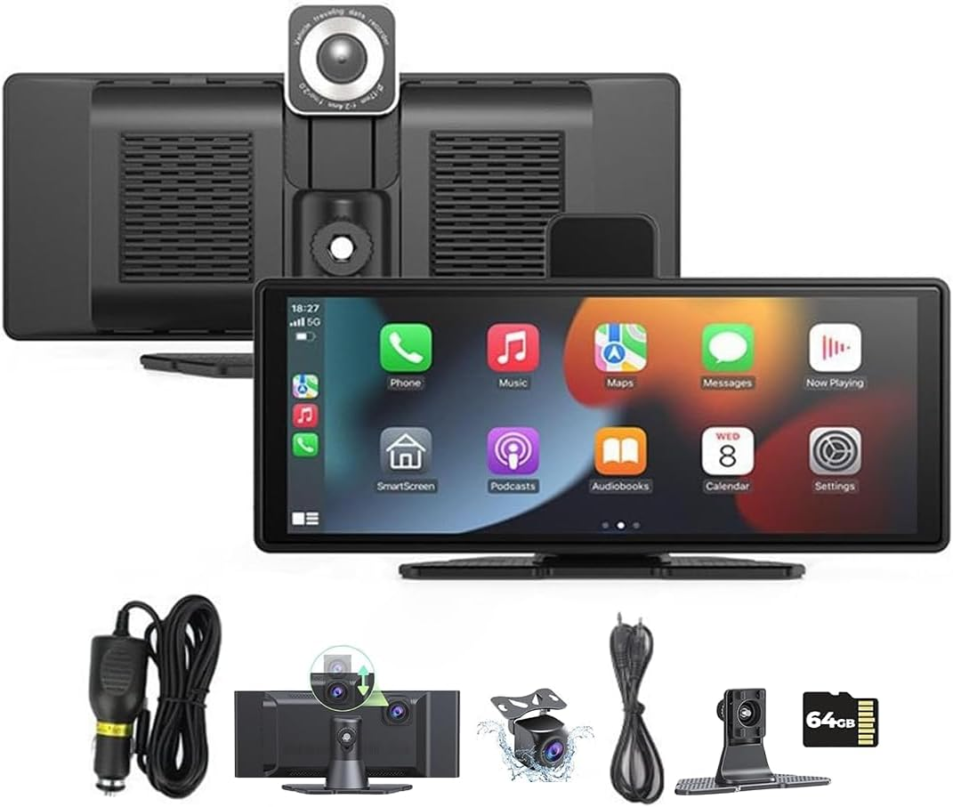 APEXORIGIN 4K Carplay Screen for Car, Front and Rear Dual Dash Cam, 10.26" HD Wireless Car Tablet,1080P Backup Camera, GPS Navigation/Voice Control Recorder, Screen Projection (Black)