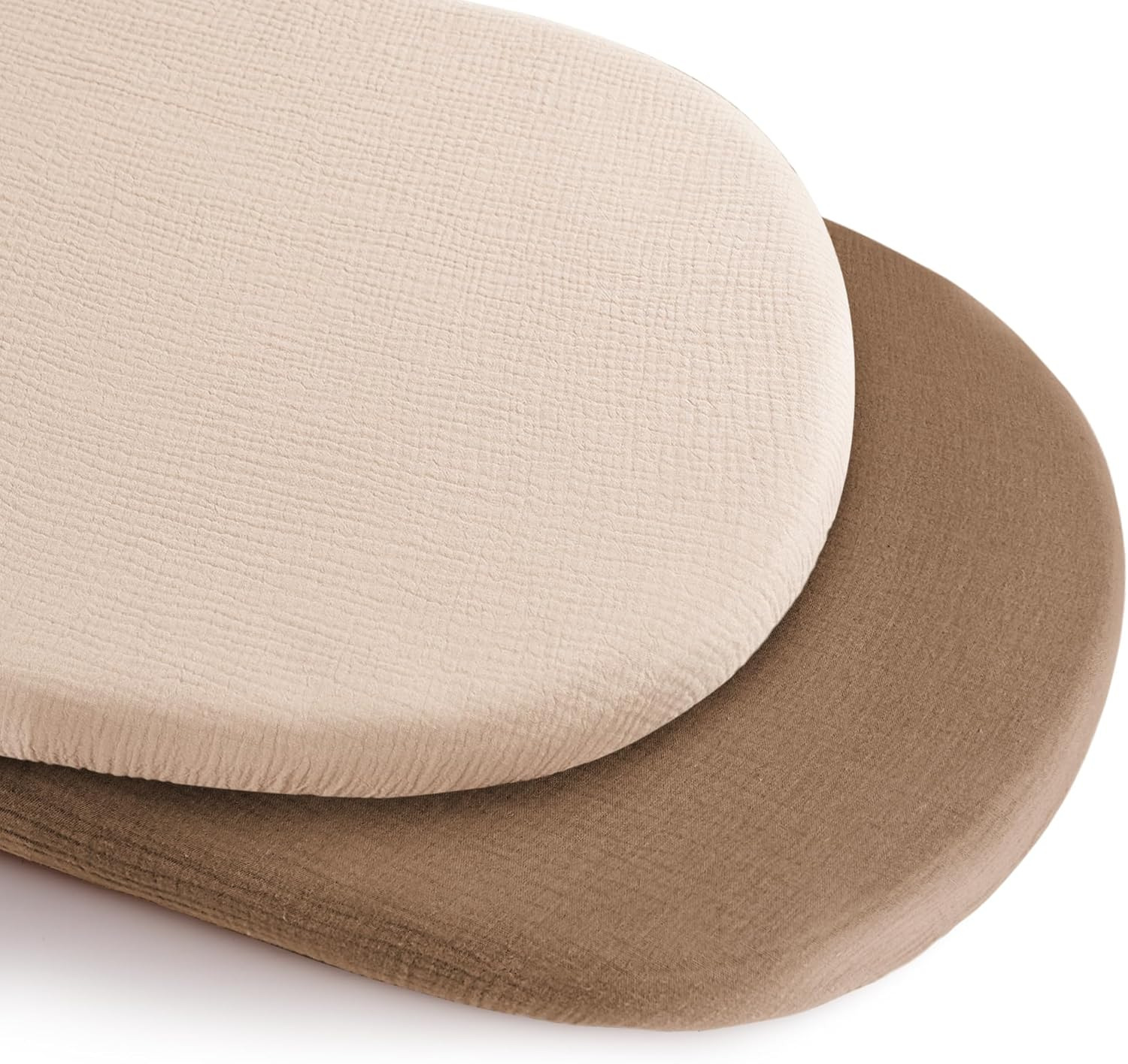 Konssy 2 Pack Muslin Fitted Bassinet Sheets for Baby Girl Boy, Soft Breathable Baby Bassinet Sheets Fit for Baby Bassinets, Cradle, Moses Basket Oval Rectangle Pad/Mattress (Chestnut, Floral)