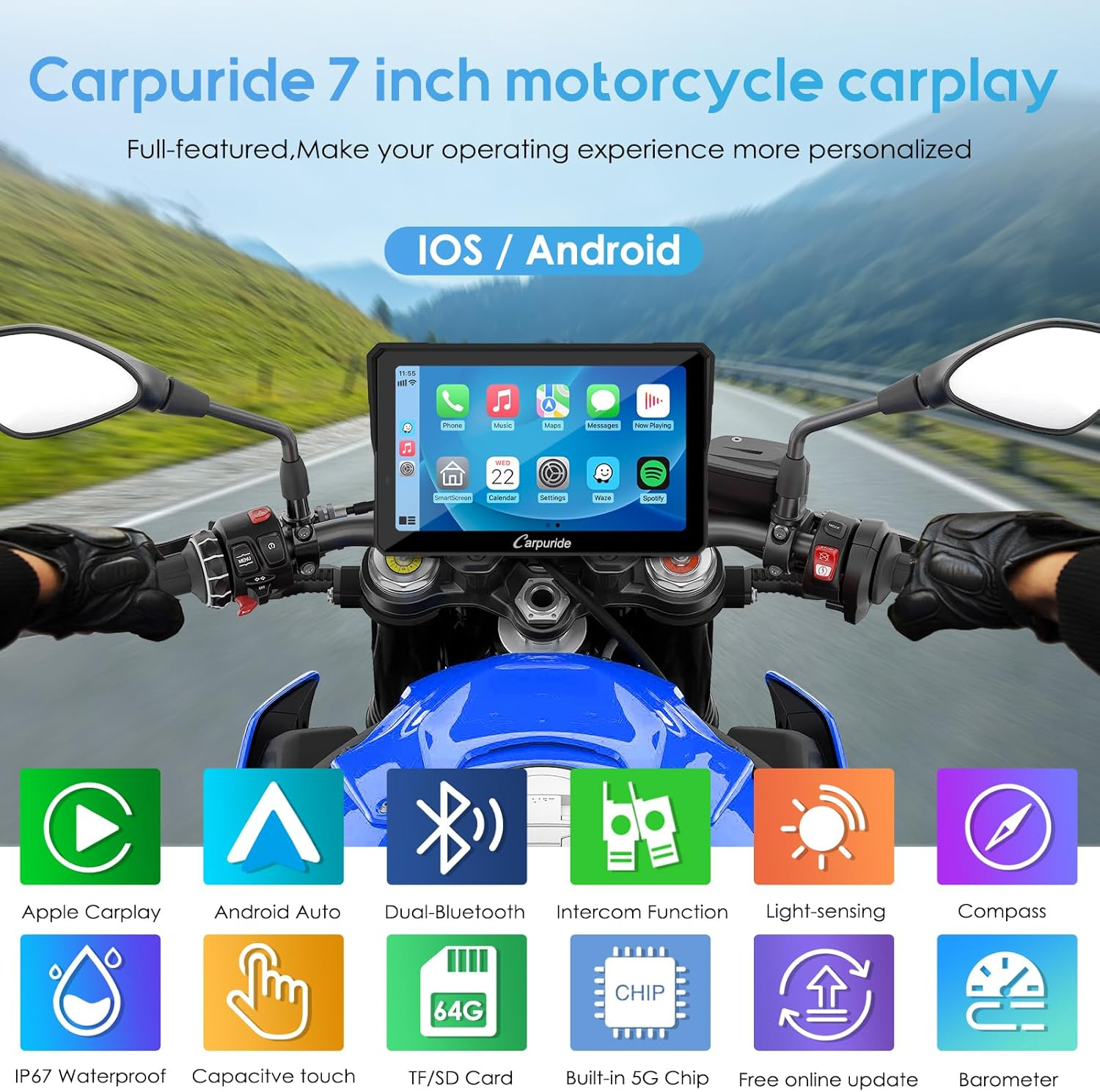 Carpuride W702PRO for Motorcycle Carplay& Android Auto& Dual Bluetooth - 7" Waterproof GPS Navigation Screen for Motorbike, Music Sharing, Intercom, EQ, Light Sensor, Compass, Barometer image number 4
