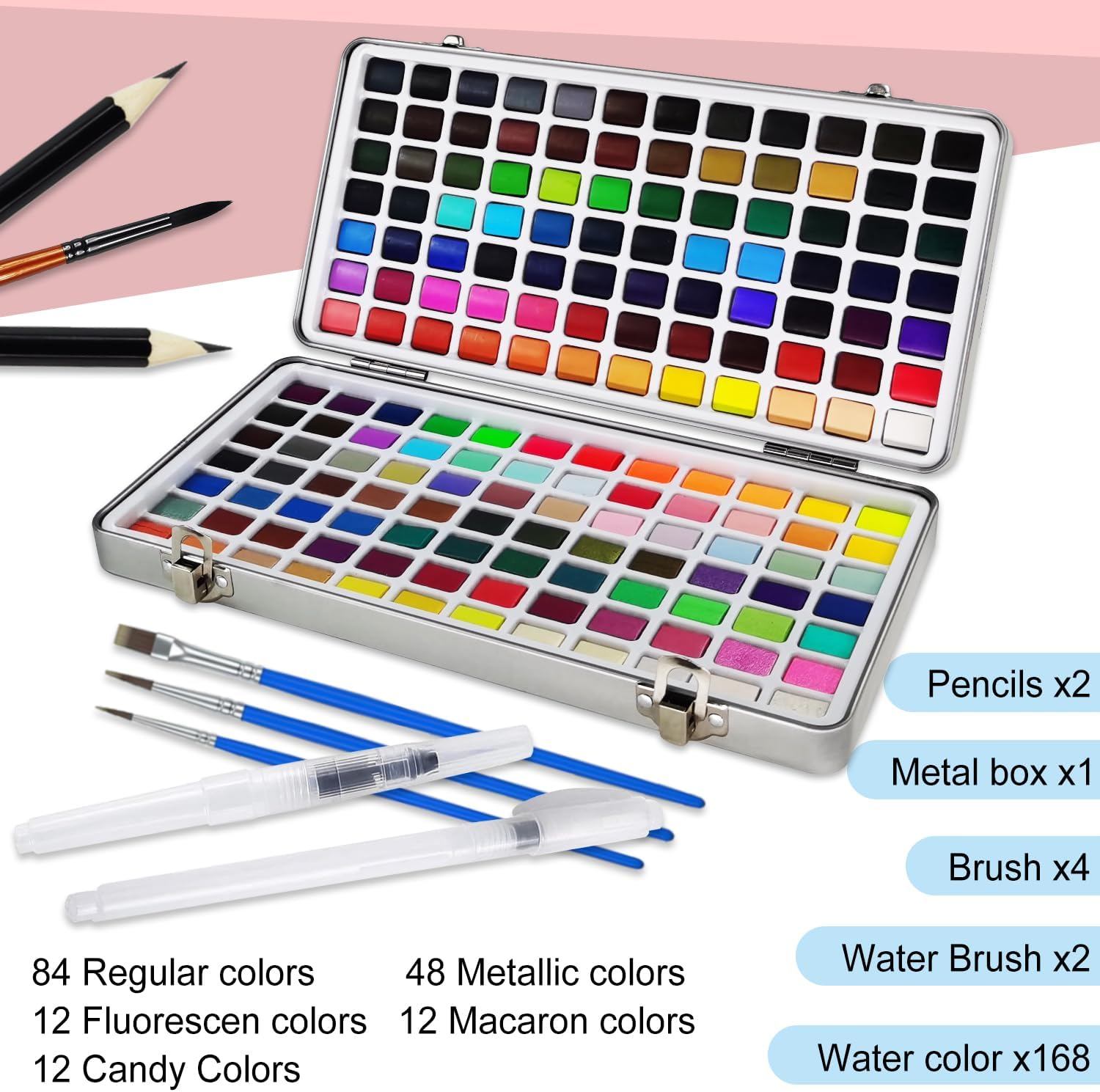 Watercolour Paint Set, 168 High Pigment Watercolor Paint Palettes with with Metallic, Fluorescen,Macaron Colors Brush Pen, for Artists, Amateur Hobbyists and Painting Lovers, Painting Art Supplies for Adults image number 2