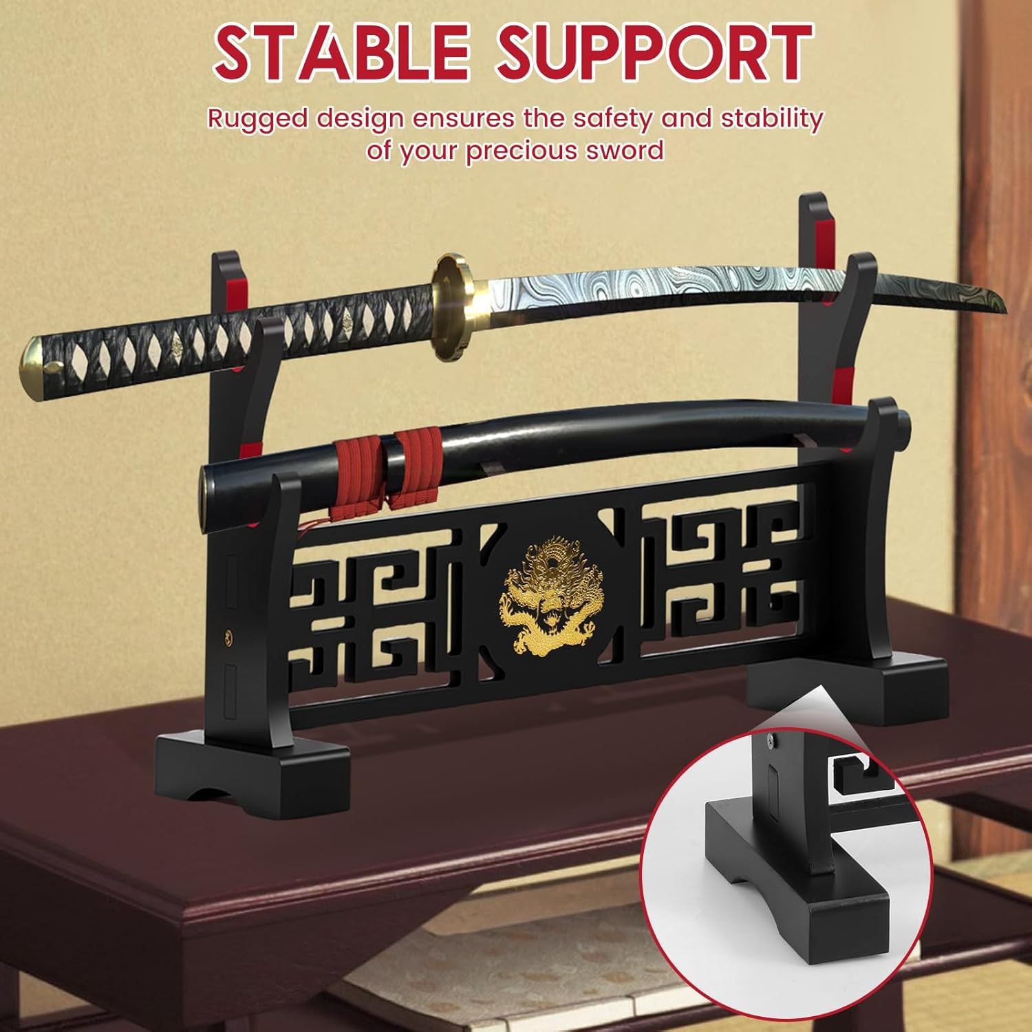 Rdjeokf Sword Stand Display, Samurai Sword Holder Stand Desktop, 2 Layer Display Sword Stand Showcase, with Golden Dragon Pattern Velveteen Protection, Wooden Rack for Knife, Dagger at Home