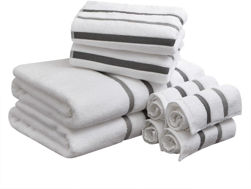 Comfort Spaces Cotton 8 Piece Bath Towel Set Striped Ultra Soft Hotel Quality Quick Dry Absorbent Bathroom Shower Hand Face Washcloths, Multi-Sizes, Zero Twist Charcoal 8 Piece