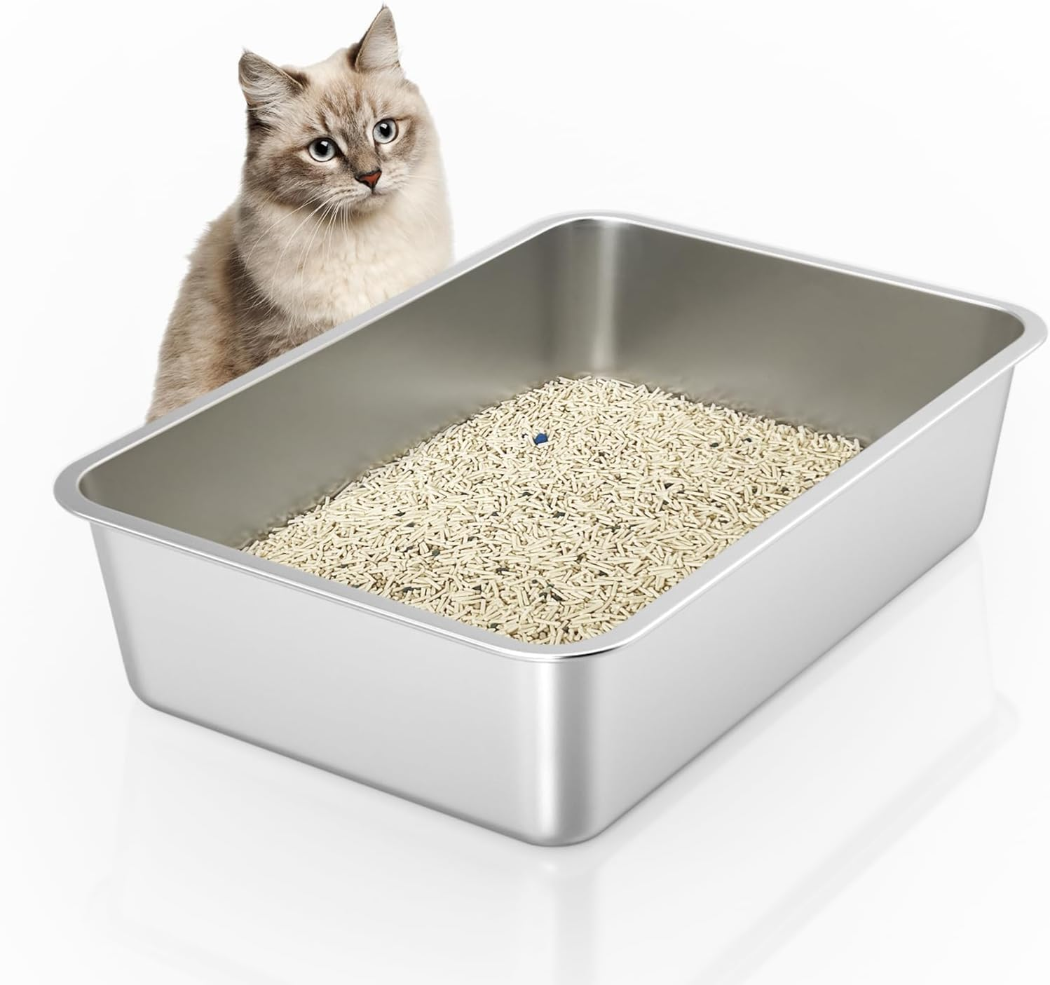 IKITCHEN Stainless Steel Cat Litter Box, Large Metal Litter Pan for Cats, Kitty Litter Box Never Absorbs Odors, Low Side Entry Non Stick, Easy Clean 17.5 X 13.5 X 4 Inches