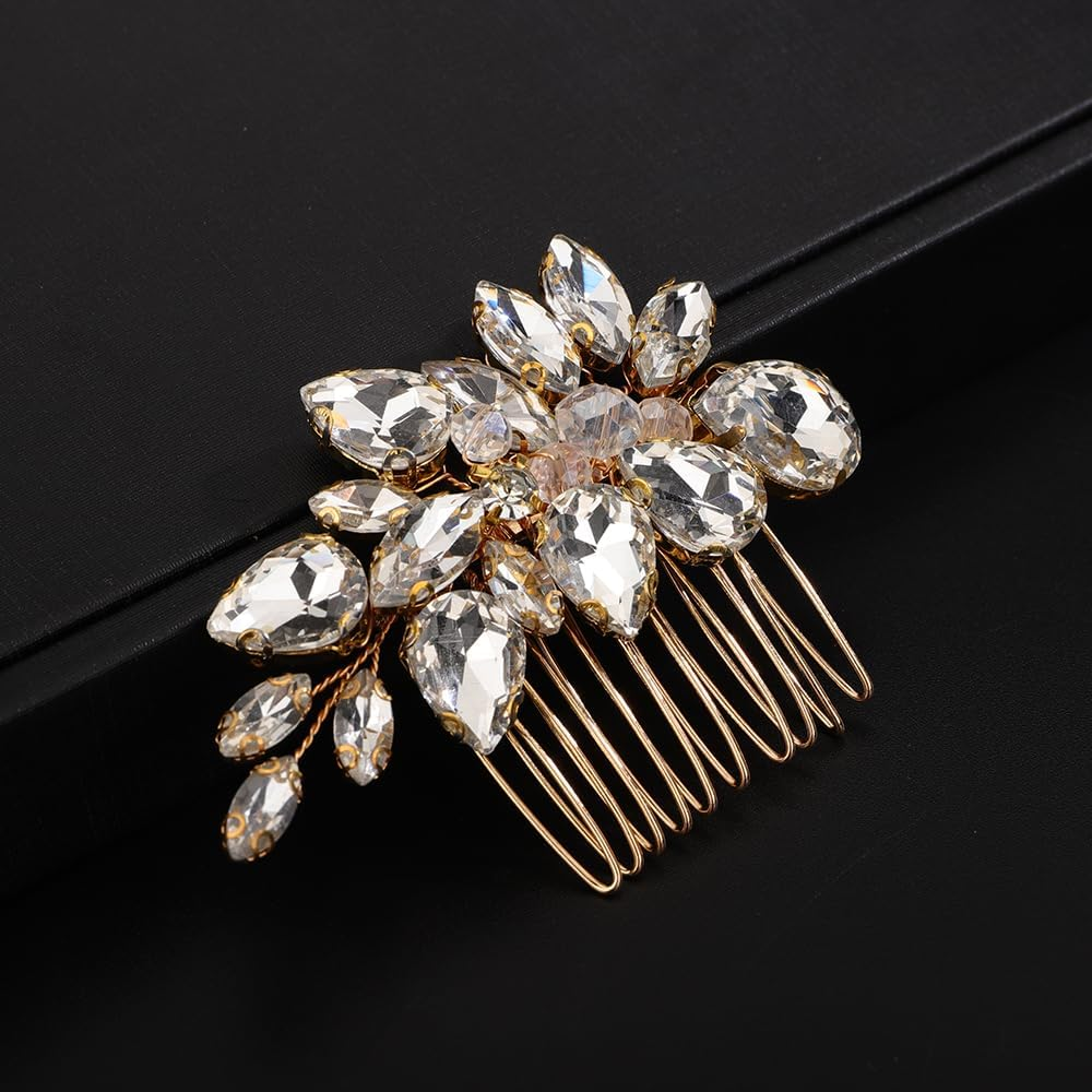 Teyglen Crystal Bridal Rhinestone Hair Comb Headpiece with Sparkly Rhinestones for Women and Girls (Gold)