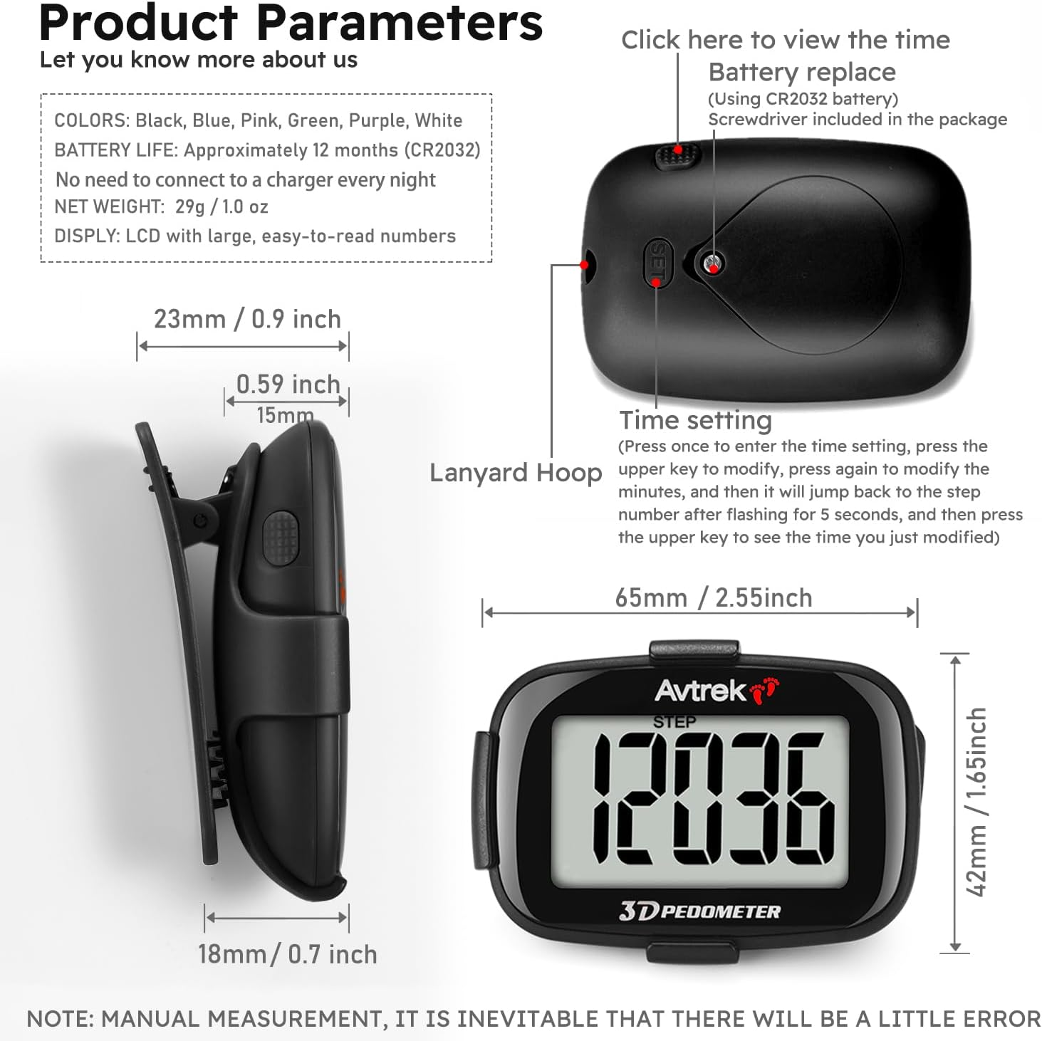 AVTREK Accurate 3D Step Counter for Walking Jumbo Screen Numbers Pedometer Clip on for Running with Time Display and LED Backlight Pedometers with Clip and Lanyard&hellip; - Black image number 6