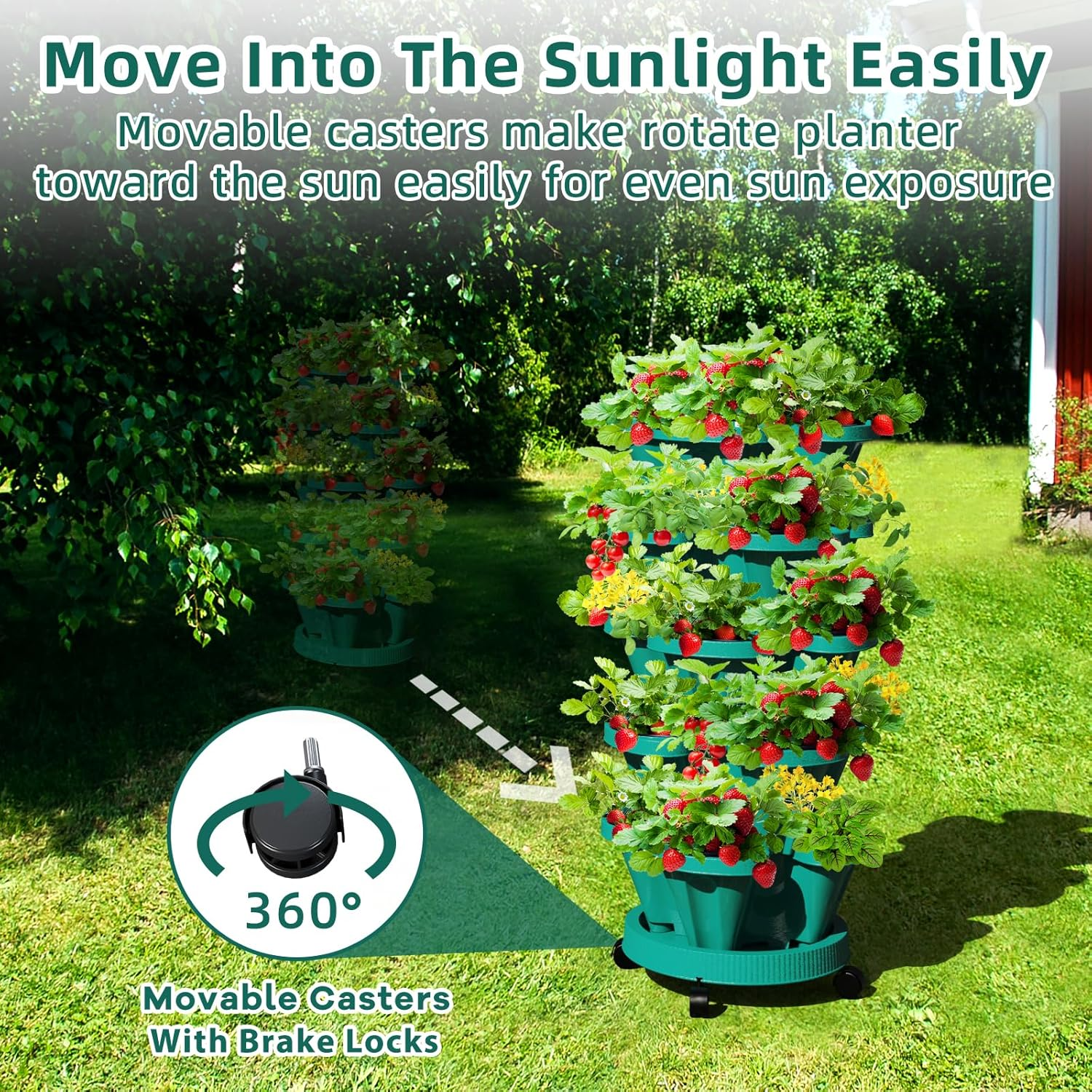 Strawberry Stacking Planters, Vertical Garden Tower, 3 Tiered Stackable Herb Vegetable Planters with Movable Casters and Bottom Saucer Indoor and Outdoor - Hunter Green image number 1