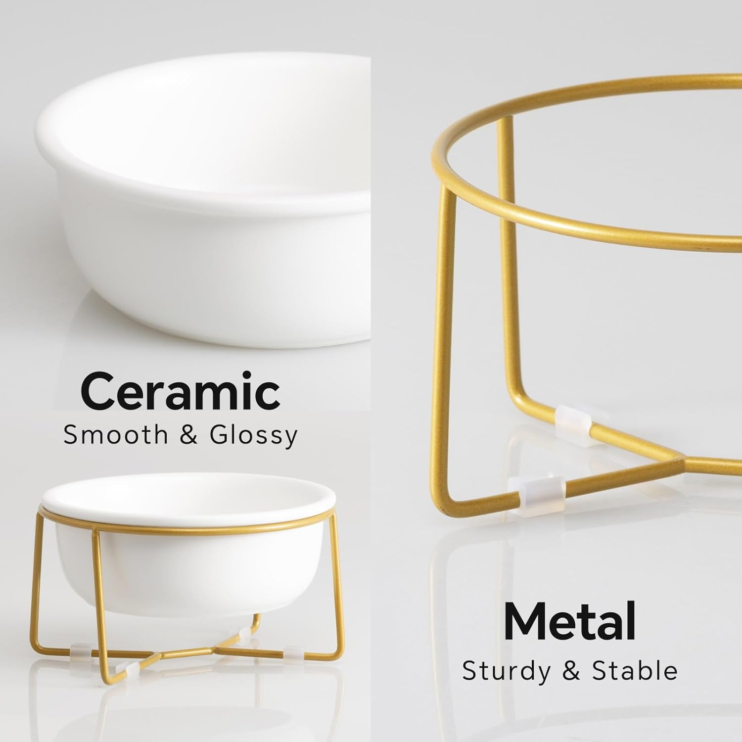 Elevated Ceramic Dog Bowl with Metal Stand - Raised Feeding Dish for Small Dogs and Cats - Ideal for Food or Water - Each Holds 400Ml / 2 Cups (Approx. 200G) - White