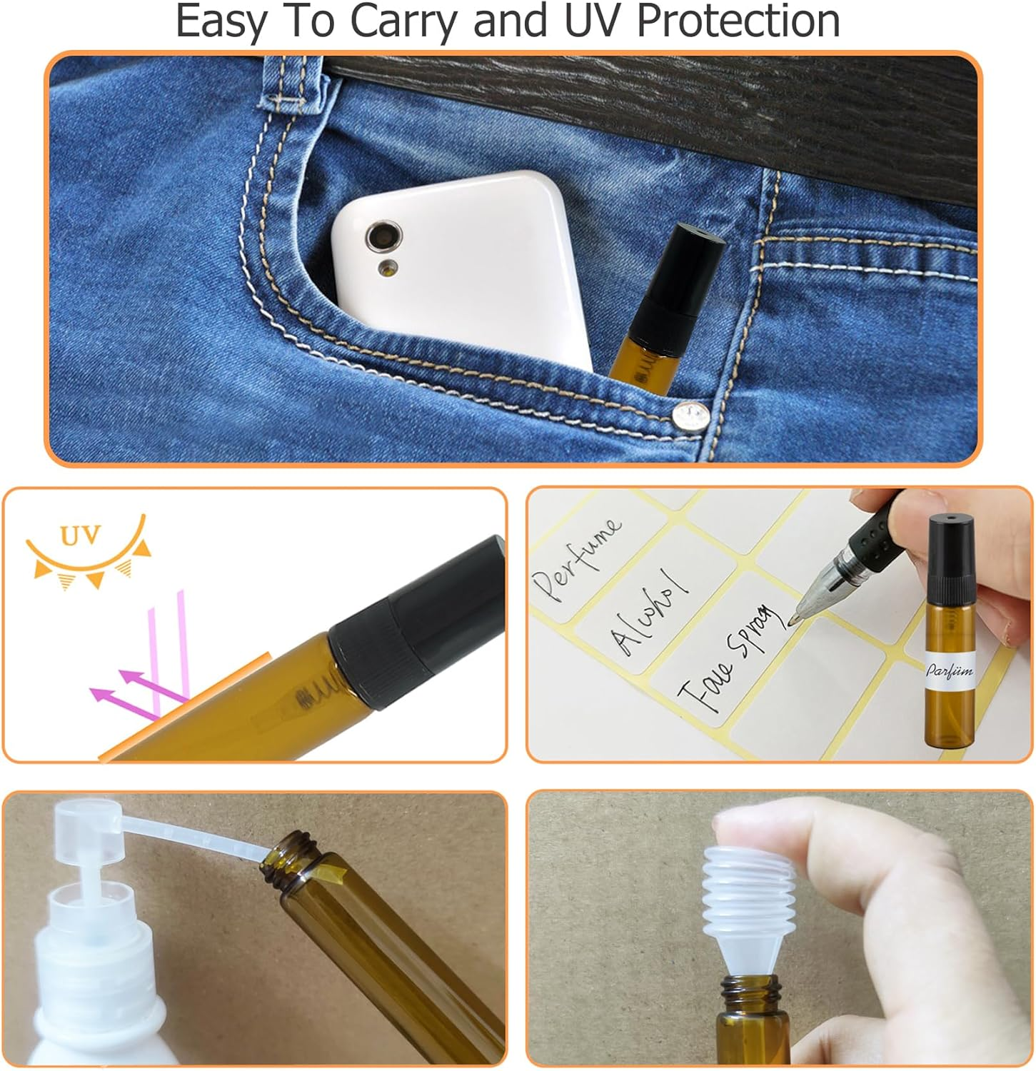 Pack of 15 Amber Perfume Atomisers Empty Spray Bottle Glass Small for Filling, Mini Pump Bags Perfume Bottle Refillable Perfume Samples for Travel 3 Ml/5 Ml/10 Ml with Pipettes Press Head image number 5
