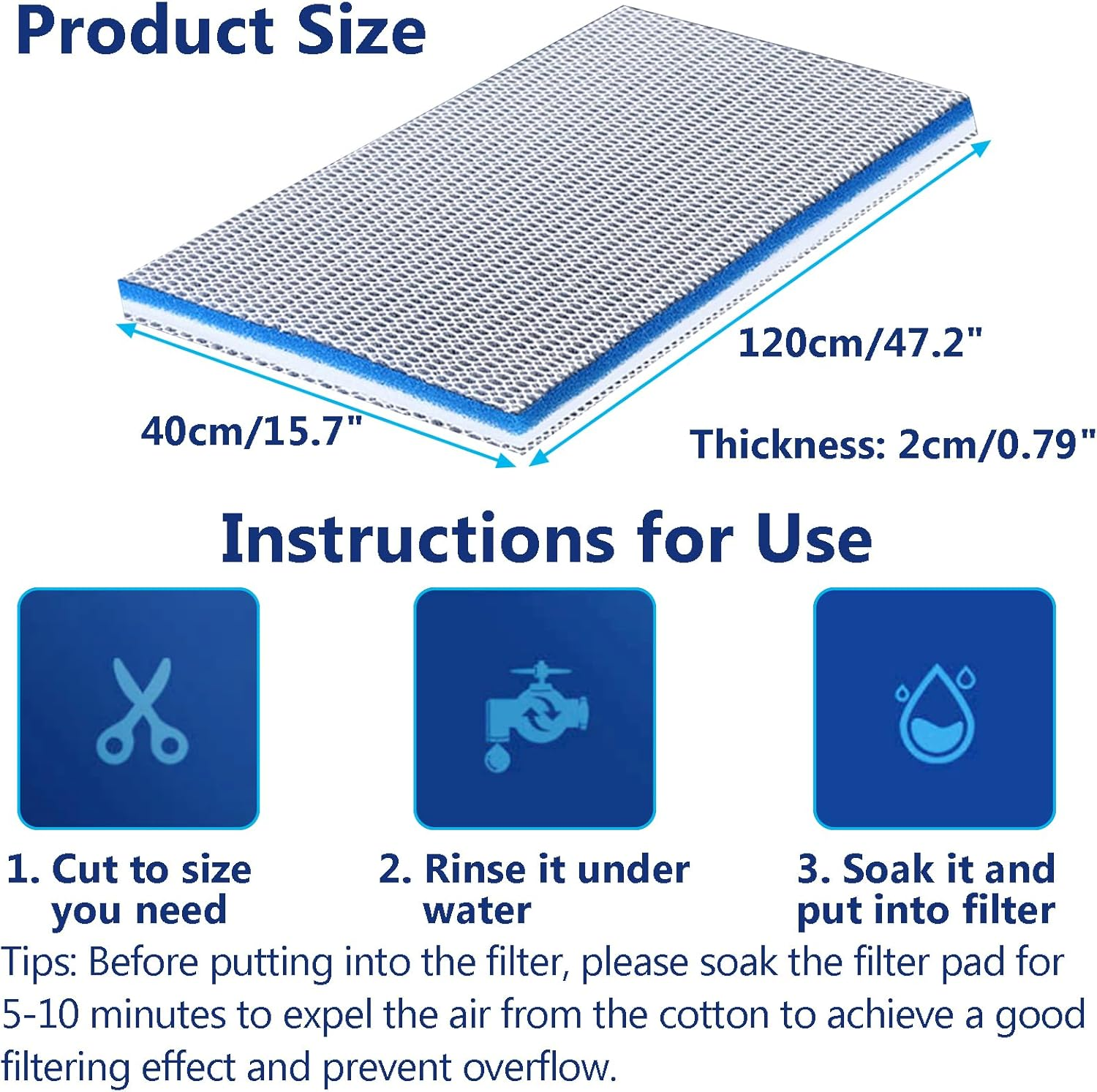 Acbbmns 8D Aquarium Filter Cotton, 1-Pack 40 X 120 X 2Cm Fish Tank Filter Cotton 8-Layer High Density Aquarium Biochemical Filter Sponge Super Filter Effect