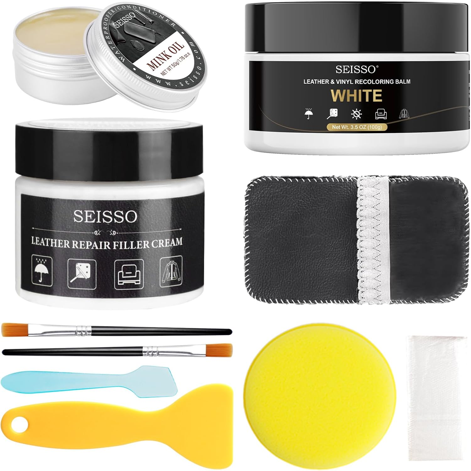 SEISSO Light White Leather Repair Kit for Furniture, Leather Recoloring Balm, Vinyl Repair Kit with Mink Oil Car Interior for Scratches, Shoes, Car Seat image number 6