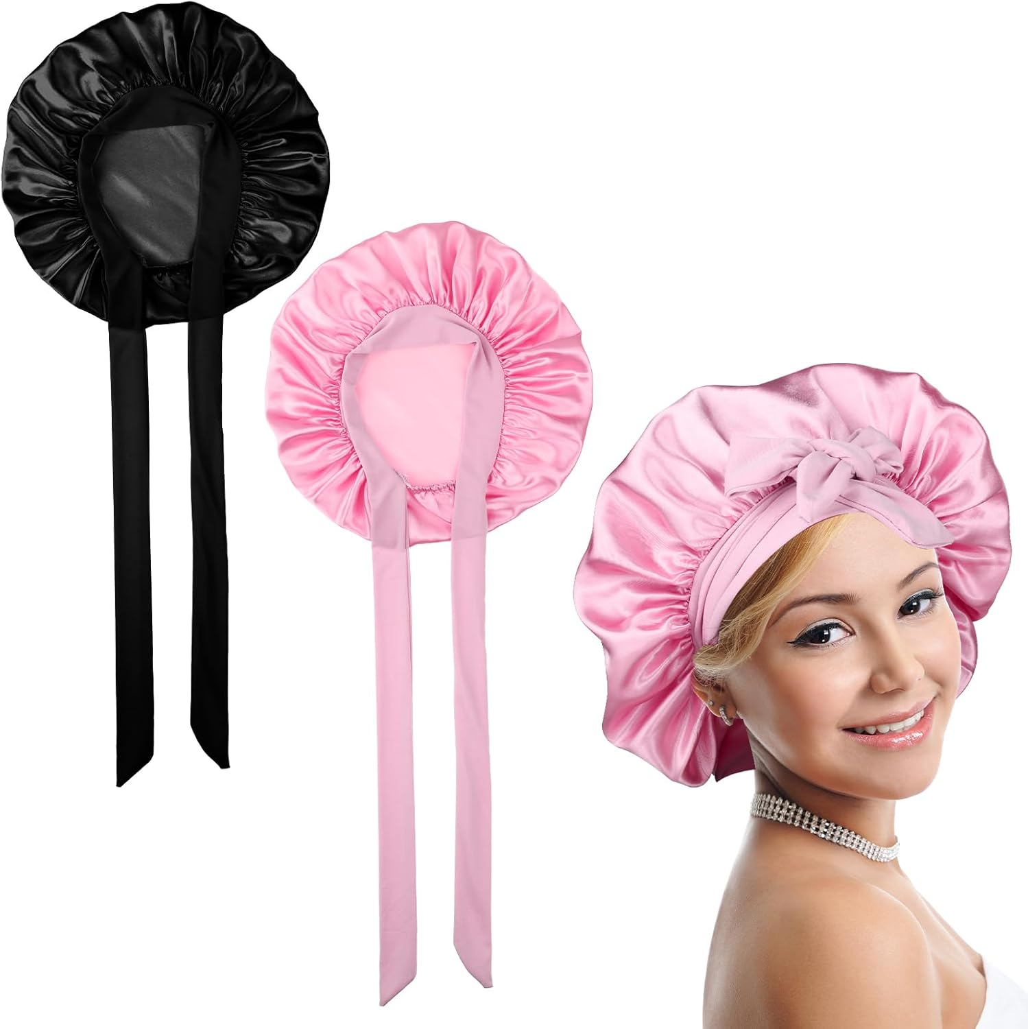 LIQWEI Pack of 2 Satin Hair Caps, Sleep Cap, Satin Adjustable Night Sleep Hat, Hair Cap for the Night, Soft Head Cap, Sleep Cap with Elastic Band for Women and Girls (Black Pink) image number 6