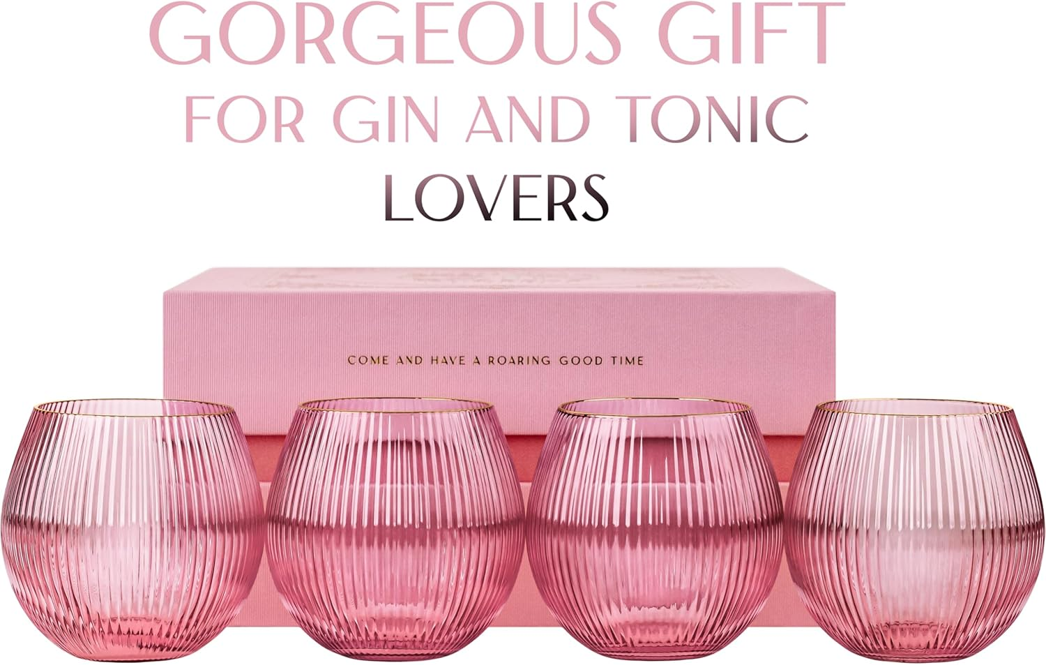 GLASSIQUE CADEAU Vintage Art Deco Ribbed Gin Tonic Cocktail Glasses in Delicate Pink with Gold Rim, Set of 4, 400 Ml Ribbed Crystal Gin Glasses for Cocktails, Gift Set for Gin Lovers image number 3