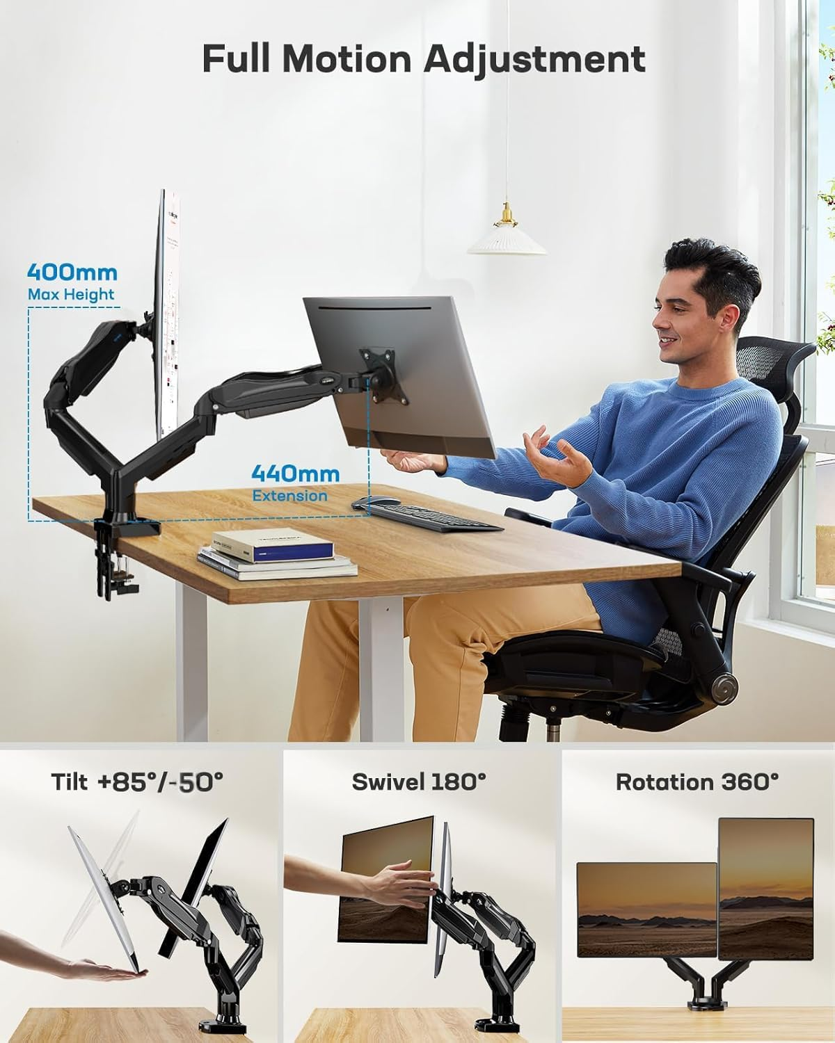 HUANUO Dual Monitor Stand - Full Adjustable Monitor Desk Mount Swivel Vesa Bracket with C Clamp, Grommet Mounting Base for 13 to 32 Inch Computer Screens - Each Arm Holds 4.4 to 19.8Lbs image number 5