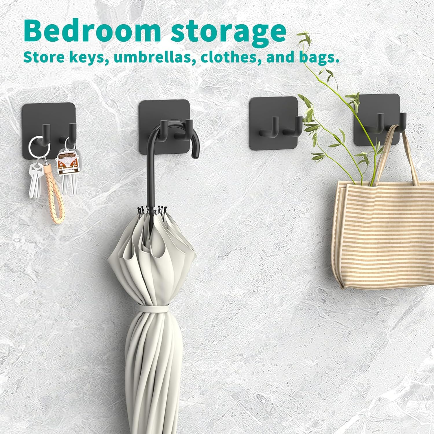 4 Pack Stainless Steel Wall Hooks,3M Self Adhesive Double Hooks，Gabeeriso Black Wall Mount Hook for Key,Bathroom Towel Hook,No Drill Razor Holder,Suitable for Bathroom, Kitchen, Home Toilet.