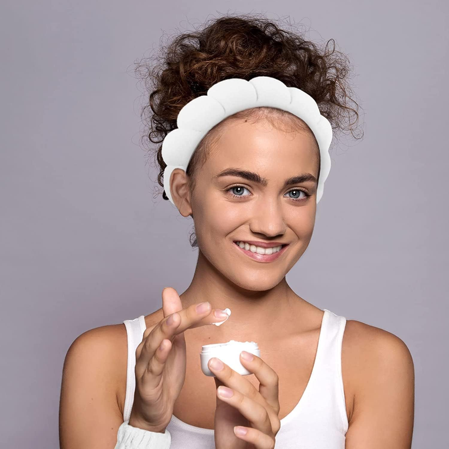 Taicols Pack of 3 Spa Face Headband Wrist, Wrist Wash Bands Set, Soft Skin Care Hair Band, Elastic Wrist Sweatband, Fluffy Cosmetic Headband for Women Girls (White) image number 1