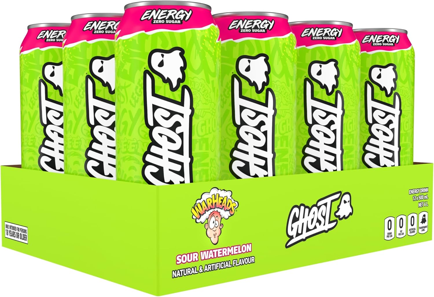 GHOST Energy Drink - 12-Pack, Sour Watermelon, 500 Ml Cans - Energy & Focus & No Artificial Colours - 160Mg of Natural Caffeine - Vegan