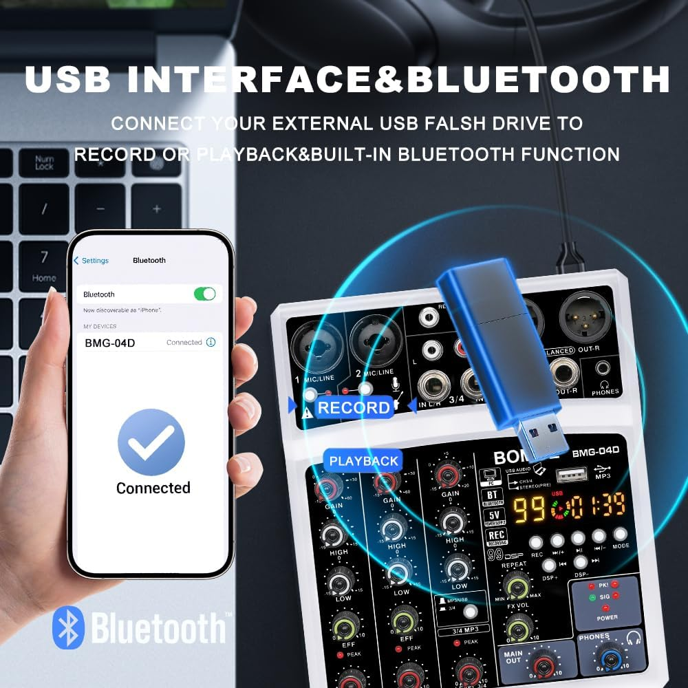 BOMGE 4 Channel 16 DSP Echo Dj Audio Sound Mixer Interface Mixing Console Karaoke with MP3 USB Bluetooth, Stereo Record(04D-White) image number 3