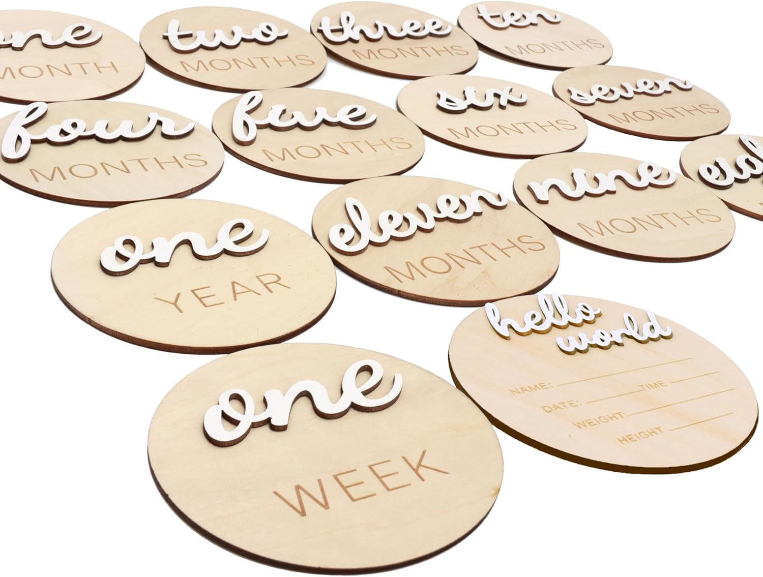 3D Wooden Monthly Milestone Cards, Monthly Milestone Marker Cards, Newborn Memento Milestone to Document Growth, Pregnancy Journey Sign -Incl Announcement & Hello World Sign.