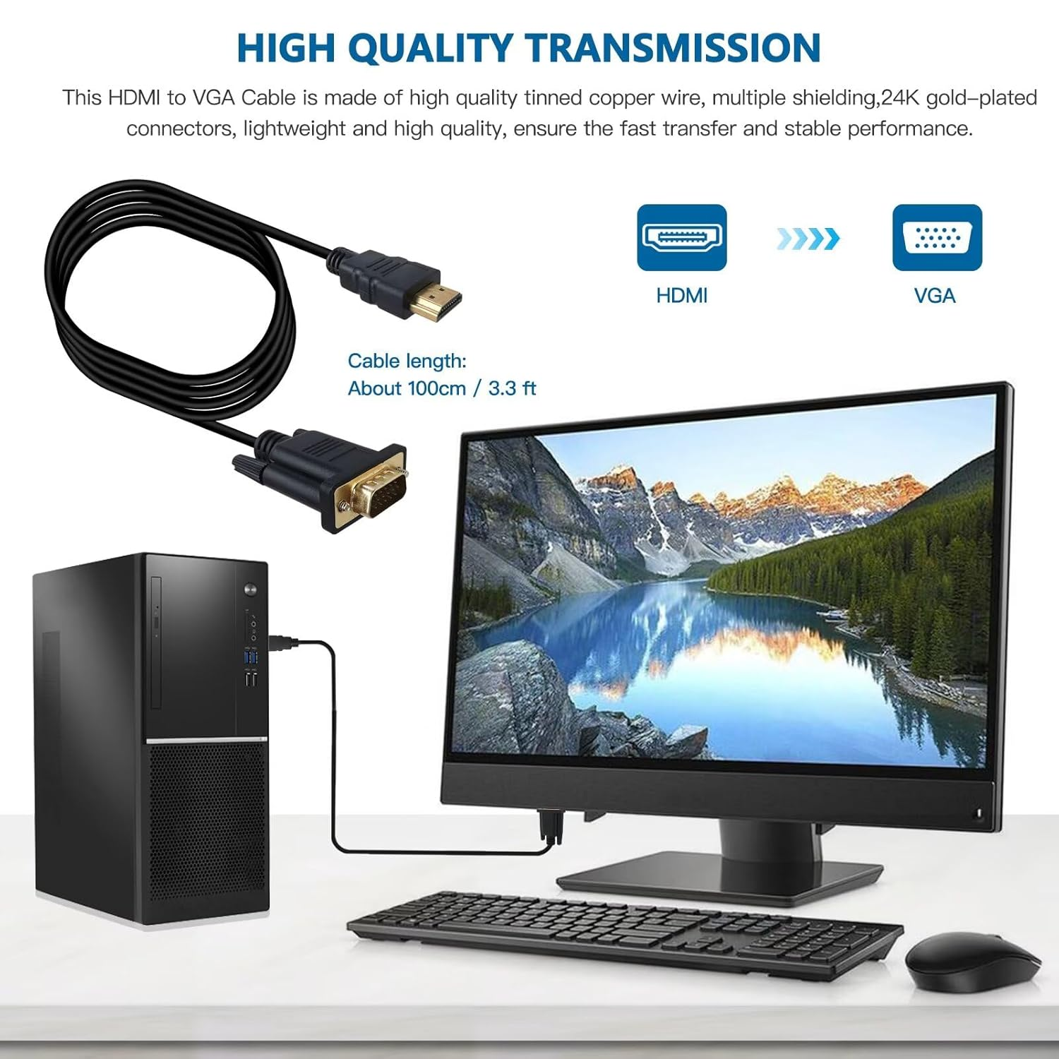 Lingsee HDMI to VGA 1.8M, Uni-Directional HDMI to VGA Cable (Male to Male) 1920X1080@60Hz Compatible for Computer, Laptop, PC, Monitor, Projector, HDTV