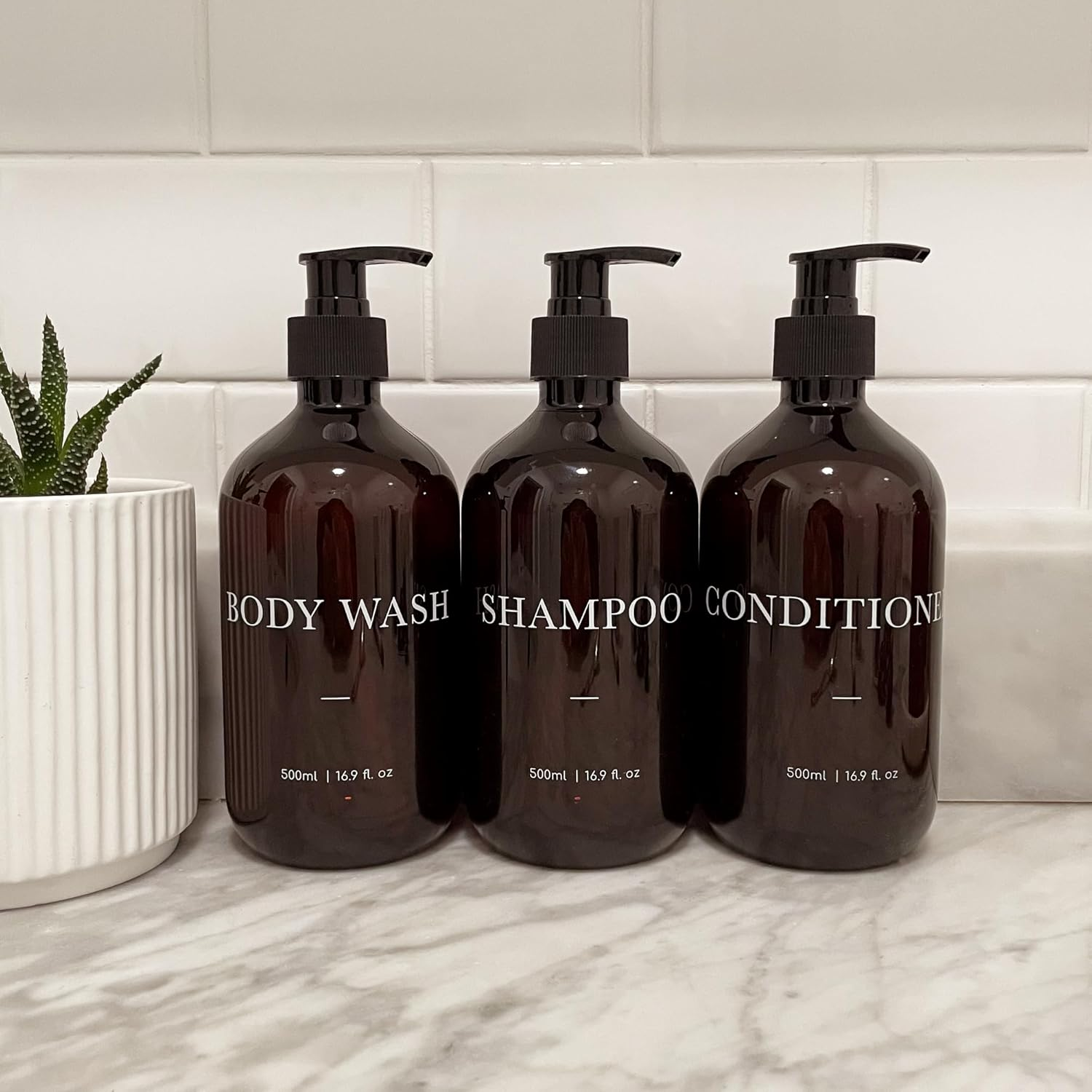 3 Piece AMBER 500Ml Bathroom Refillable Pump Bottles - Shampoo, Conditioner, Body Wash Refillable Bottles - UV Printed, Bpa-Free Brown Bottles with Black Pump - 500Ml | 16.9 Fl. Oz. image number 5