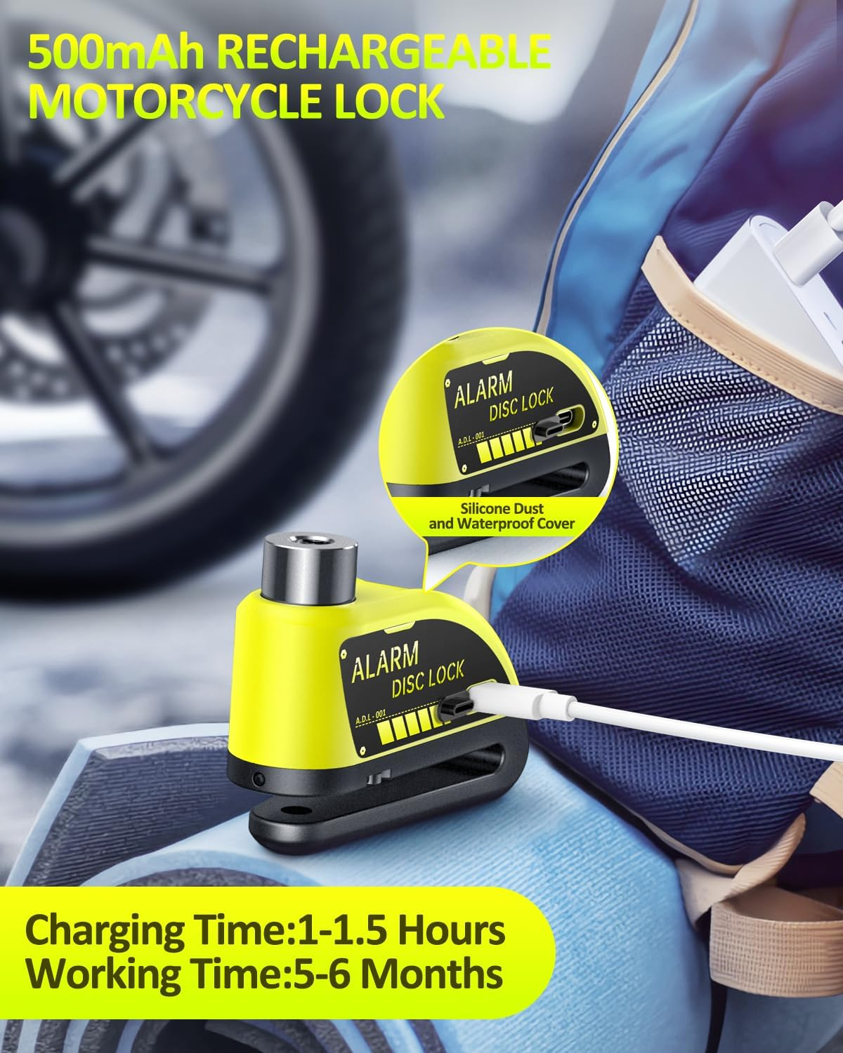 ONVIAN Rechargeable Motorcycle Lock with 6FT Steel Wire Anti-Theft Cable, 120Db Motorcycle Alarm with Rest Mode, for 7Mm Pin Ebike Electric Scooter Motorcycle Moped Disc Brake (Lemon Yellow)&hellip; image number 2