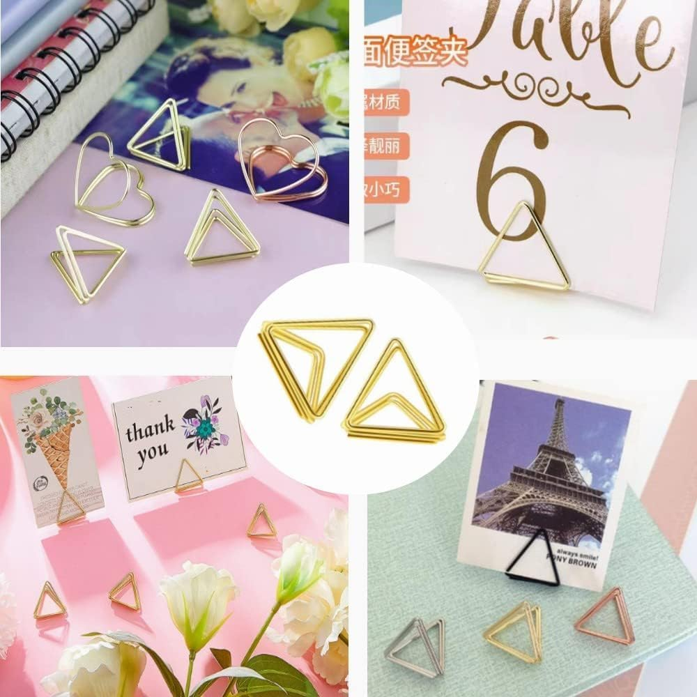 40Pcs Mini Place Card Holders, Triangle Shape Table Number Holder, Wedding Table Mini Name Card Holder, Memo Clip Photo Stands with Cards for Birthday Shower Office Home Decor(Gold) image number 2