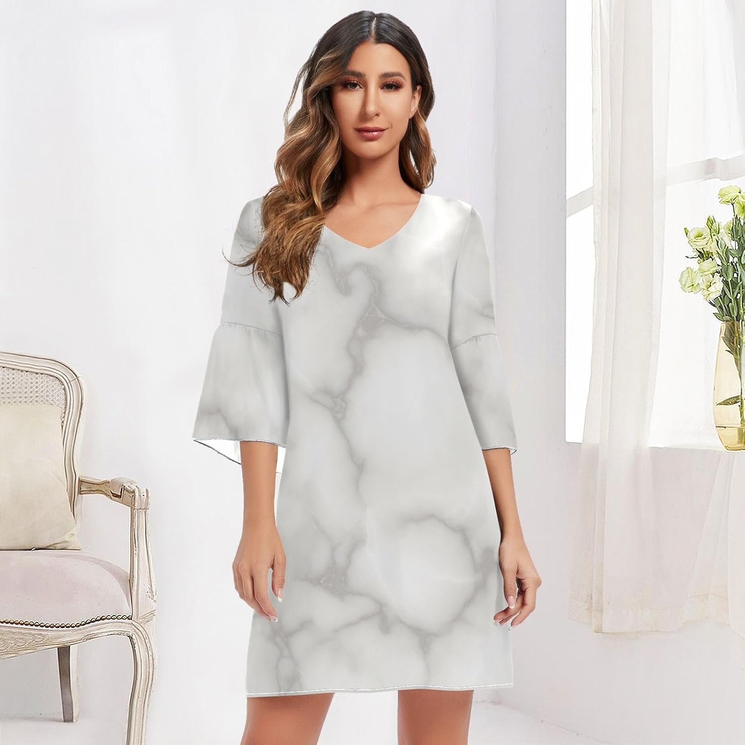 Marble Grey Elegant V Neck Dress Printed Line Maternity Dress image number 2