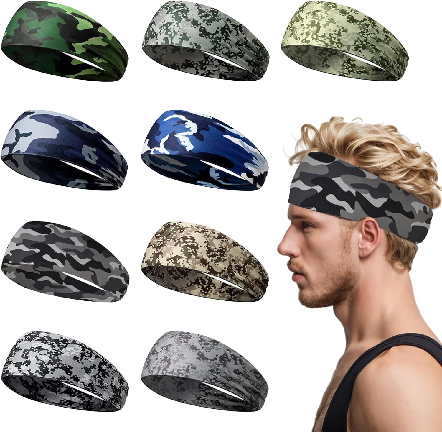 9 Pack Sports Headband for Men Sweat Headband for Men Running Headband Workout Headband Mens Wide Sweatband Stretchy Headband for Cycling Running Football Basketball Yoga Workout image number 4