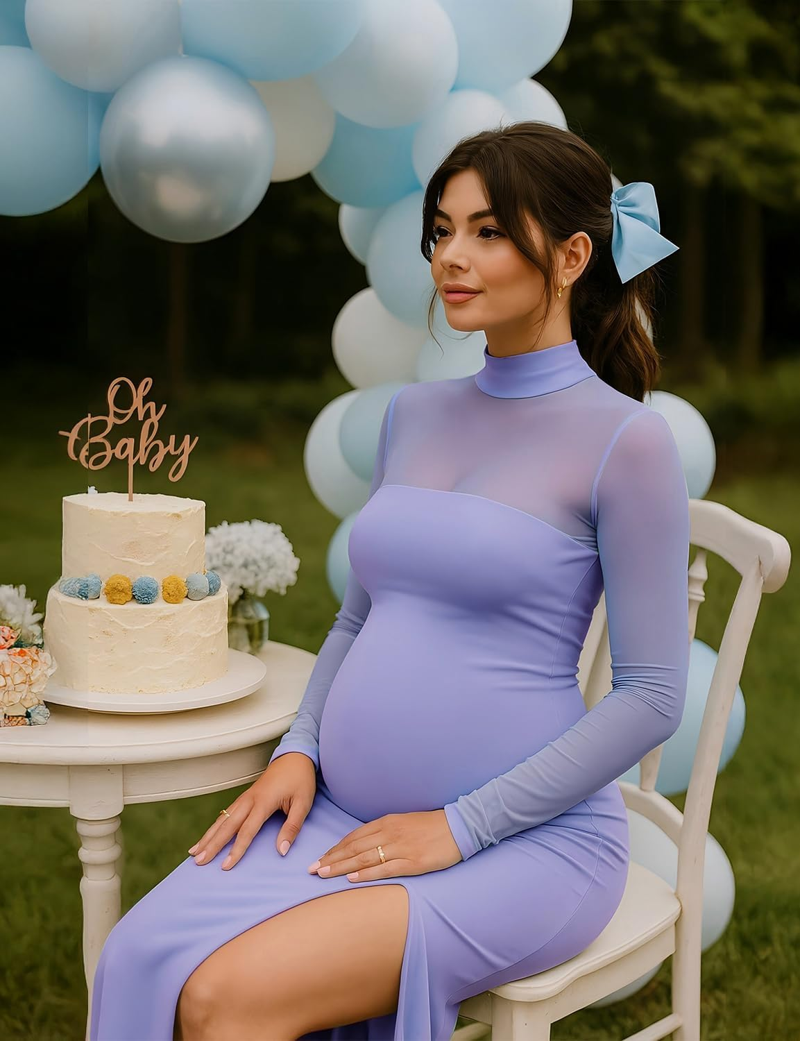 Dedysler Maternity Long Sleeve Maxi Wedding Guest Dress for Baby Shower with Mesh Split Mock Neck Bodycon Casual Pregnancy image number 6