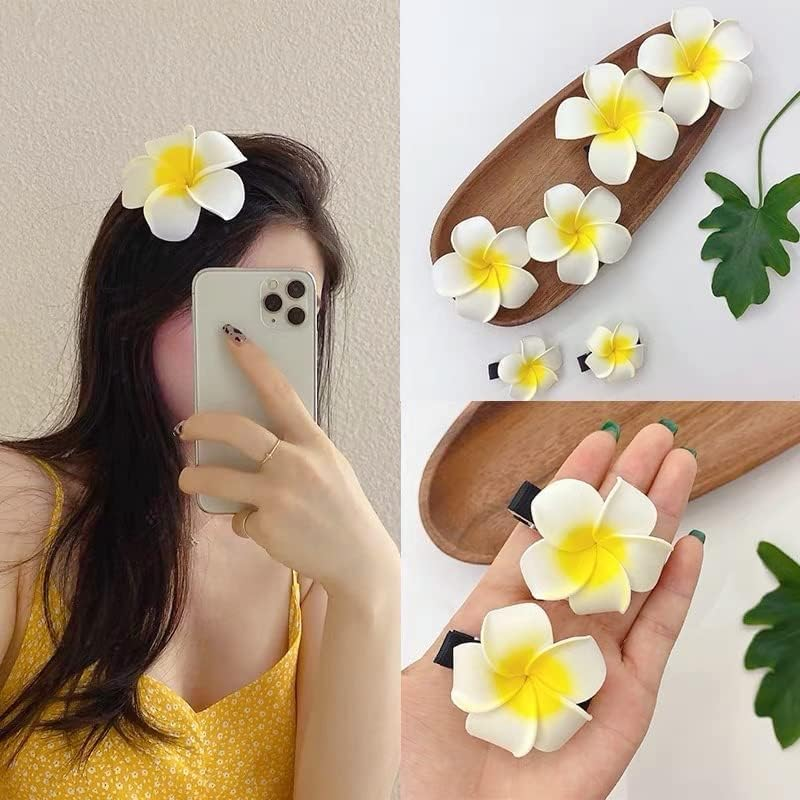 Pack of 6 Yellow Hawaii Plumeria Hair Clips Boho Foam Flower Alligator Hair Pin Hibiscus Hair Clip for Beach Party Wedding Cosplay Handmade Accessories image number 2