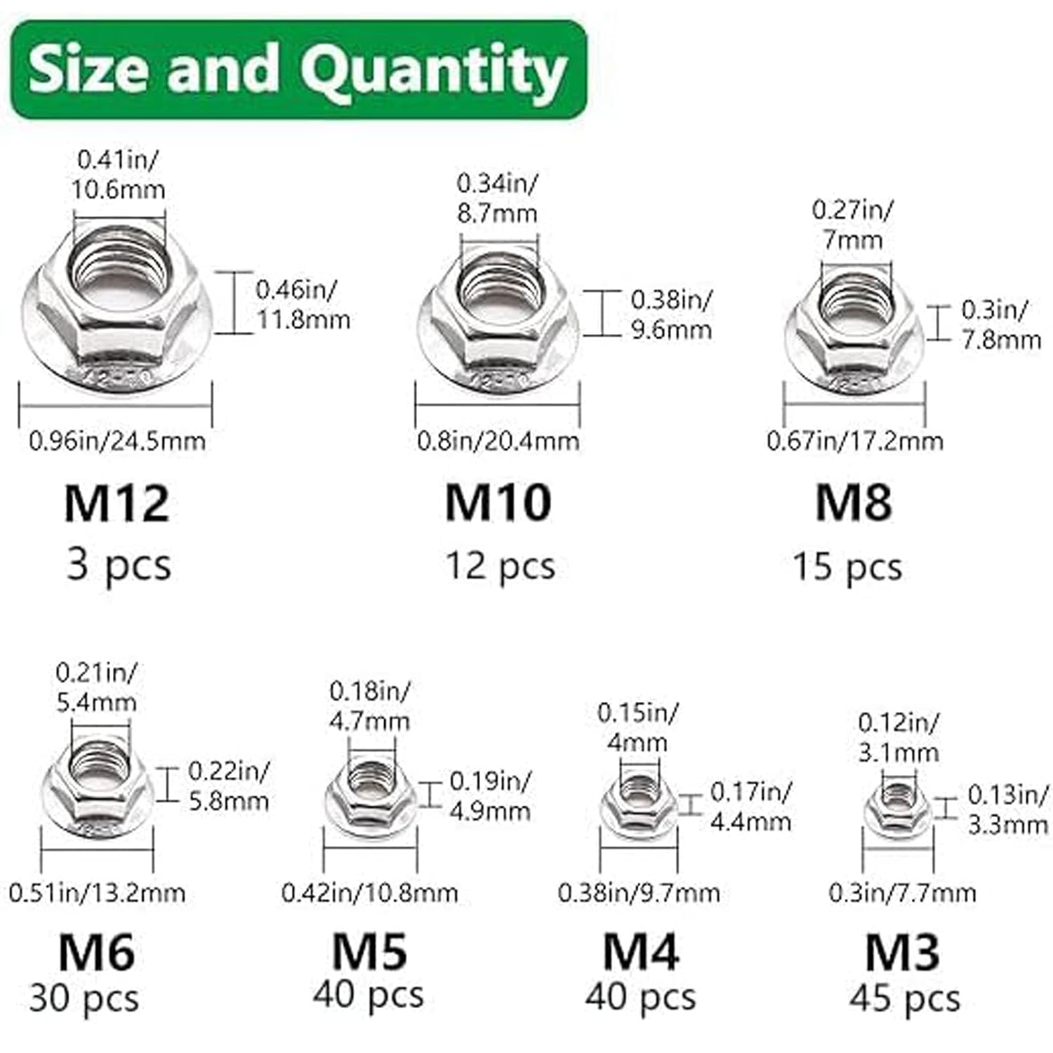 185PCS 7 Metric Sizes 304 Stainless Steel Hex Flange Nuts Assortment Kit M8 X 1.25Mm Serrated Flange Nuts -M3, M4, M5, M6, M8, M10, M12