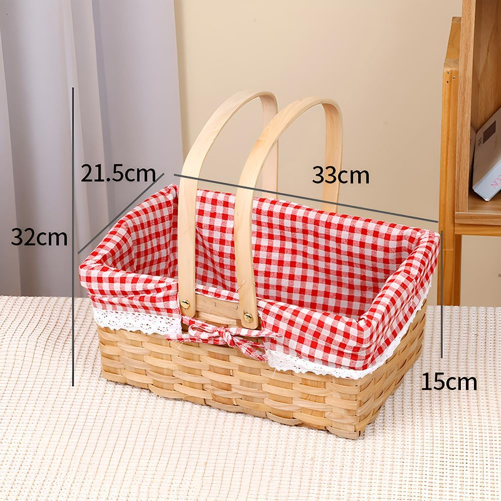 Wicker Basket with Double Folding Handle, Picnic Basket Hand Woven Basket Storage Basket Flower Girl Storage Basket Decorative Basket, Willow Basket, Linen Gift Wedding Baskets image number 4