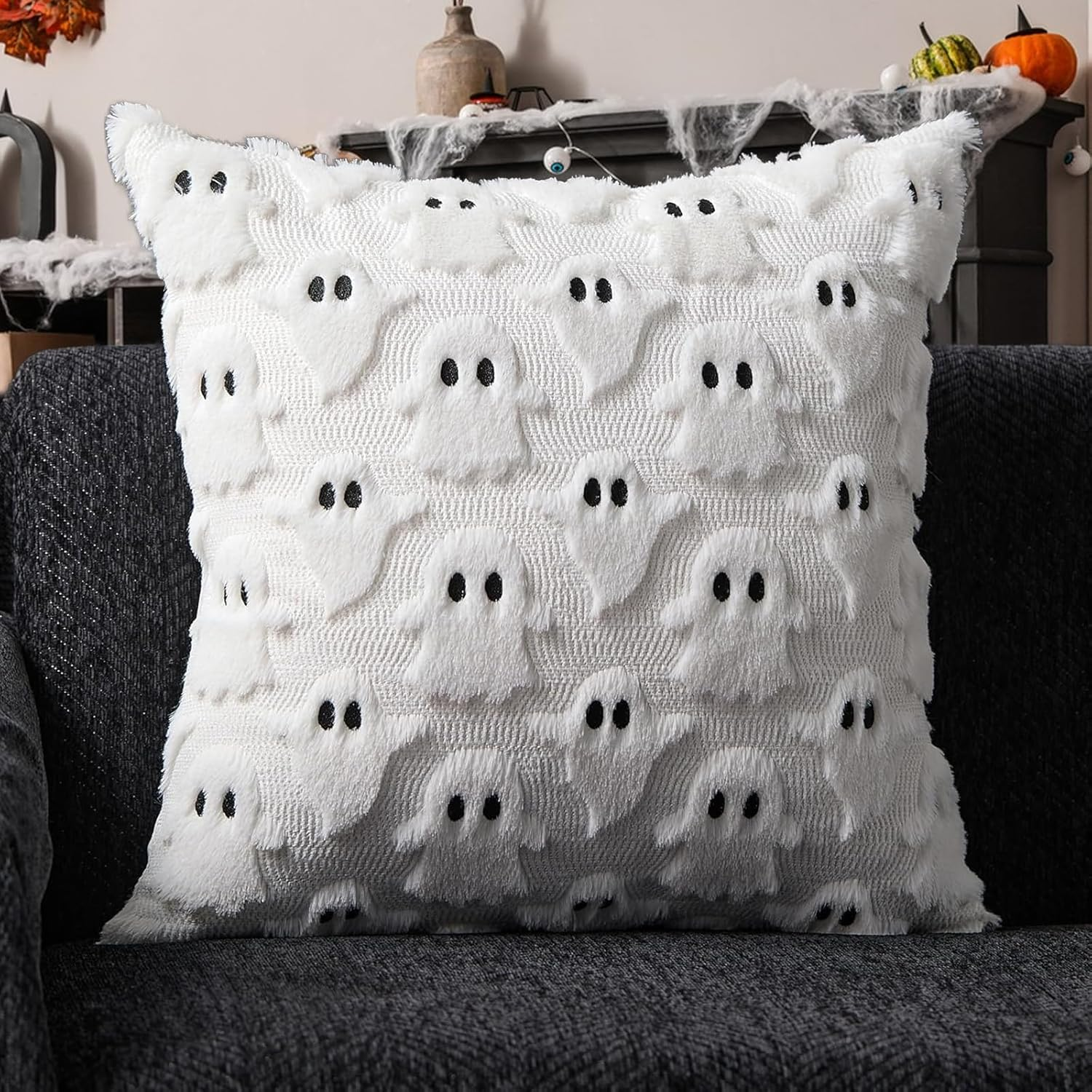 Halloween Ghost Plush Pillow Covers &ndash; 17.7 X 17.7 Inch Set of 2, Fluffy Faux Fur Cushion Covers for Sofa & Home Decor Farmhouse-Style Decorative Throw Pillow Cases (White) image number 5