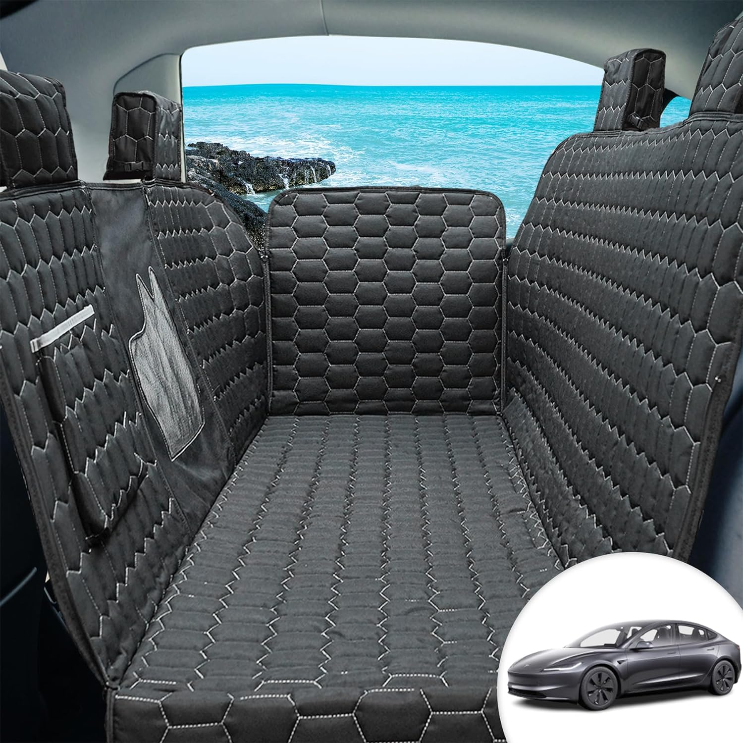 Meginc Dog Seat Covers for Back Seat, Dog Car Seat for Tesla Model 3, 100% Waterproof Pet Seat Cover Protects from Scratches, Scuffs, Dog Hammock for Tesla with Mesh Window & Headrest Protection image number 2