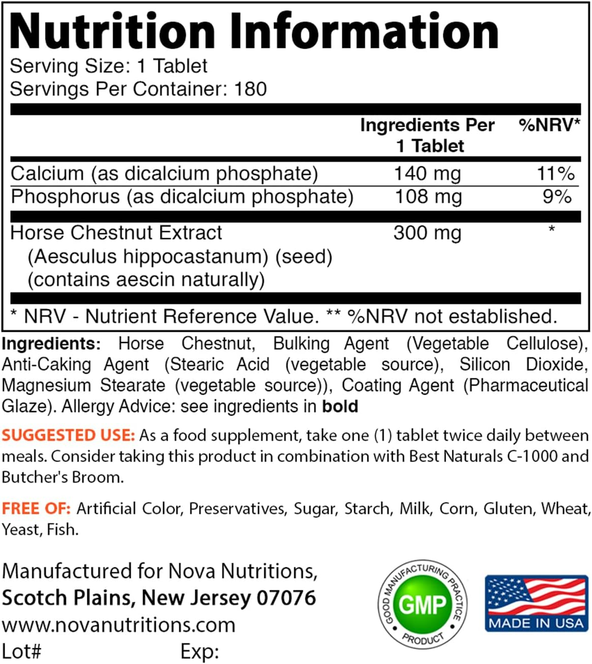 Nova Nutritions Horse Chestnut Seed Extract 300 Mg (Non-Gmo) Tablets Naturally Contains Aescin Which Promotes Healthy Leg Vein & Circulation 180 Count image number 2