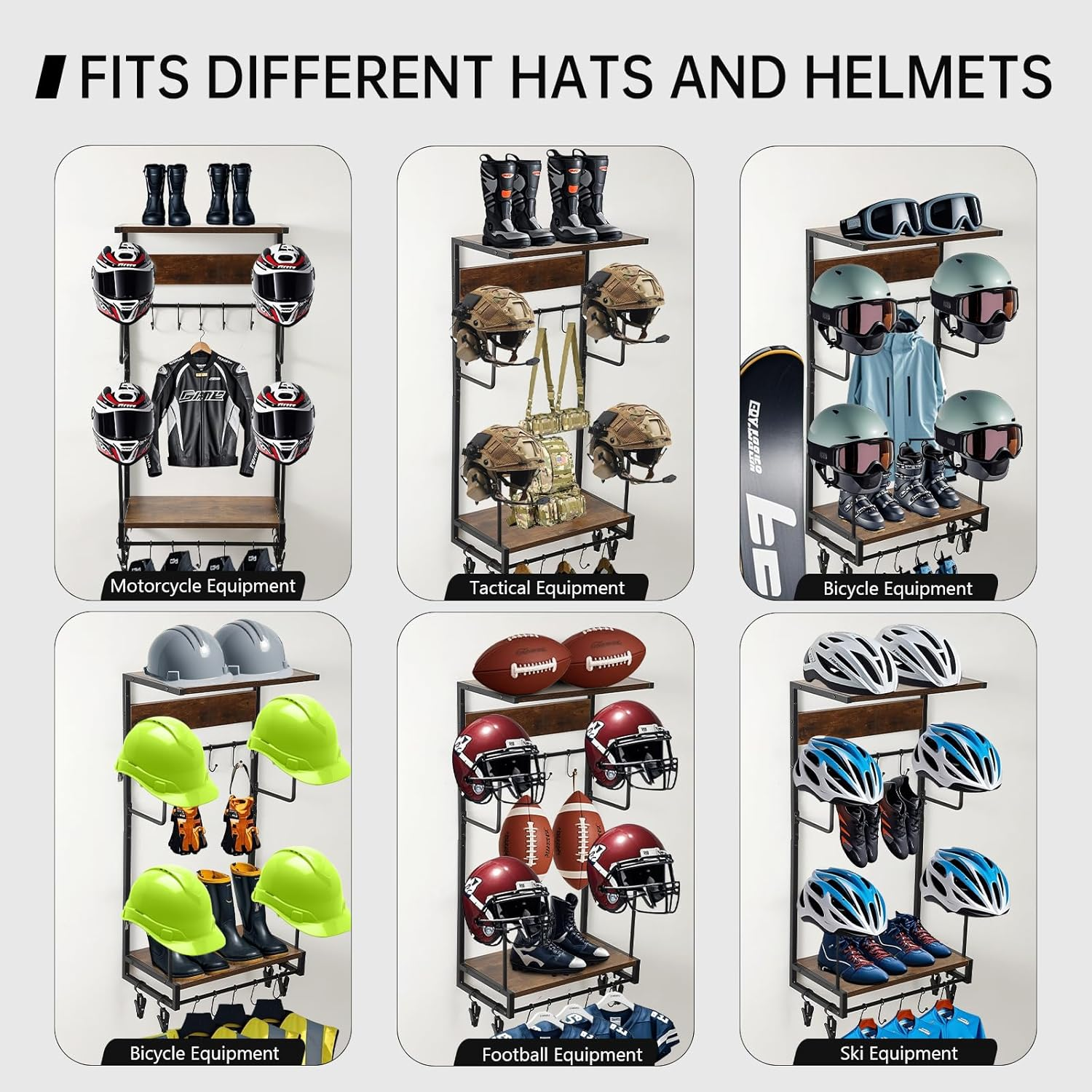 Motorcycle Helmet Holder Wall Mounted, Helmet Holder Wall Mount with Helmet Rack, 4 Glove Chips and 10 Hooks, Rustic Helmet Holder and Motorcycle Helmet Rack for Most of Helmet and Clothes