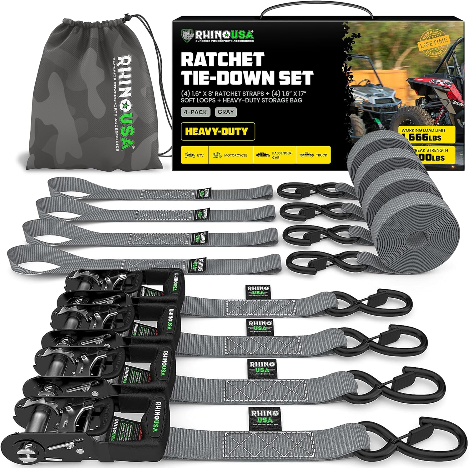 Rhino USA Ratchet Straps Heavy Duty Kit (4-Pack) - 1.6 Inch X 8 Feet (5,208Lb Break Strength) - Ultimate Tie down Straps with Safety S Hooks for Trucks, ATV, UTV, Motorcycle, Cargo & More - Black