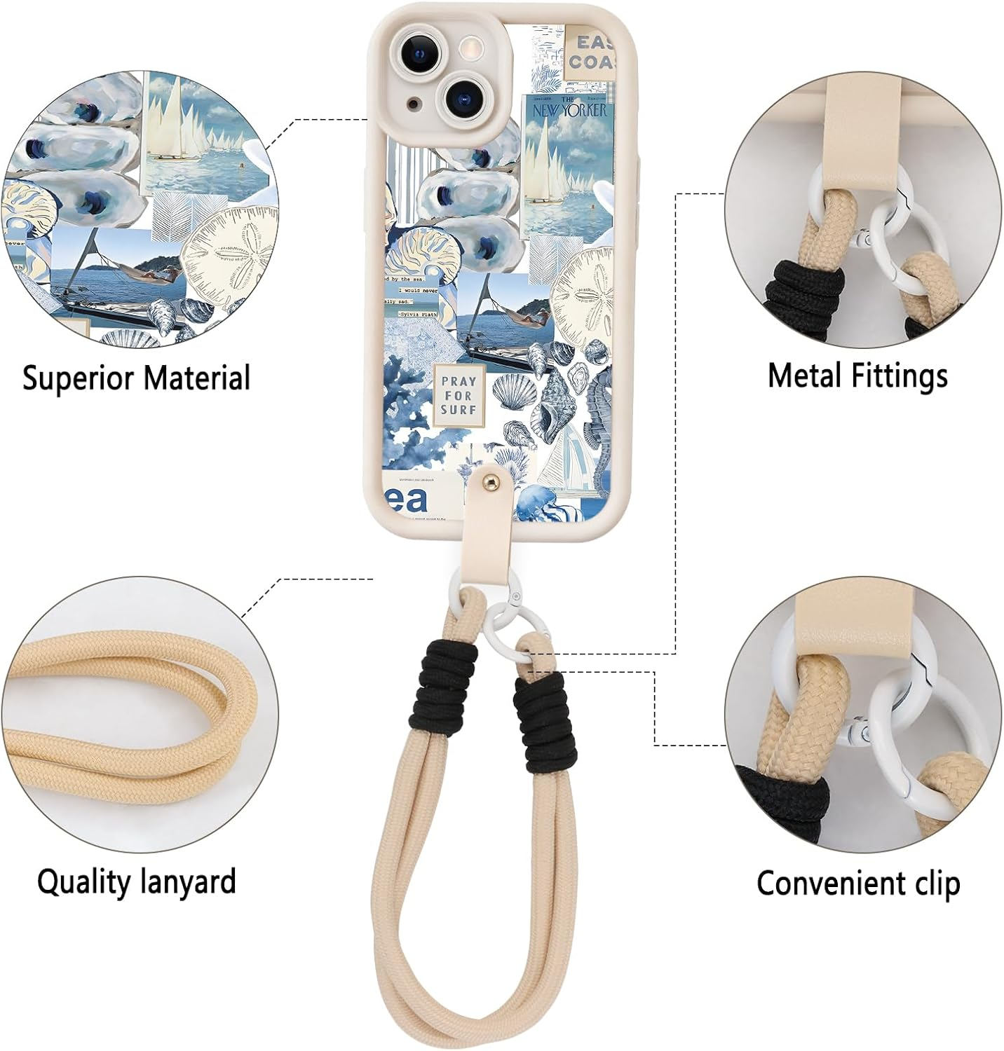 Yoedge Mobile Phone Case for Iphone 15, Case with Strap Chain, Cord Protective Case with Collage Aesthetic Coral Shells Pattern with Cord for Hanging Cover, Silicone Case 6.1 Inches, Puzzle image number 4