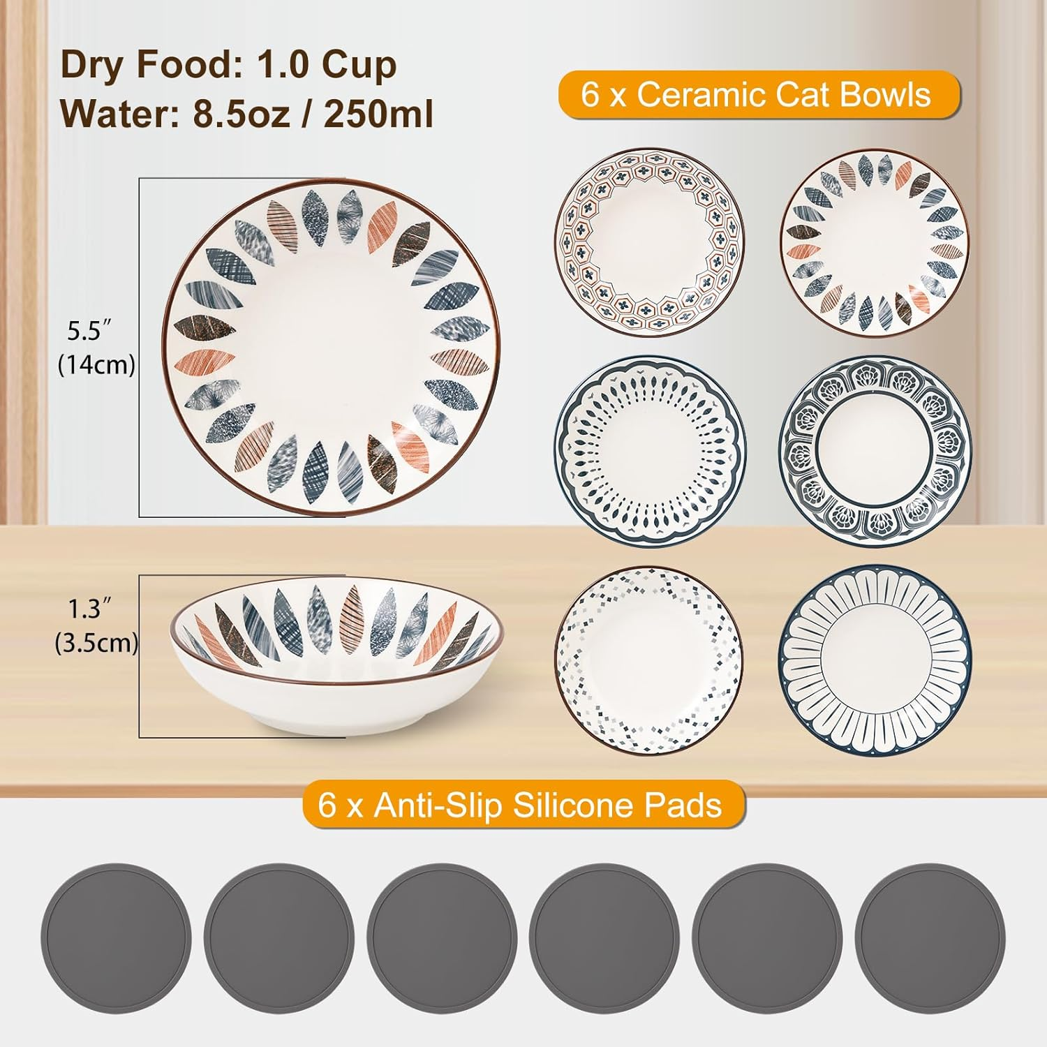 Small Ceramic Cat Food Bowl - Wide Shallow Cat Bowl with Non-Slip Mat - Whisker Friendly Cat Feeding Bowls - Japanese Style Cute Cat Dish - Cat Plates - Dishwasher Safe - Set of 6-8.5 Oz - 5.75 Inch image number 5