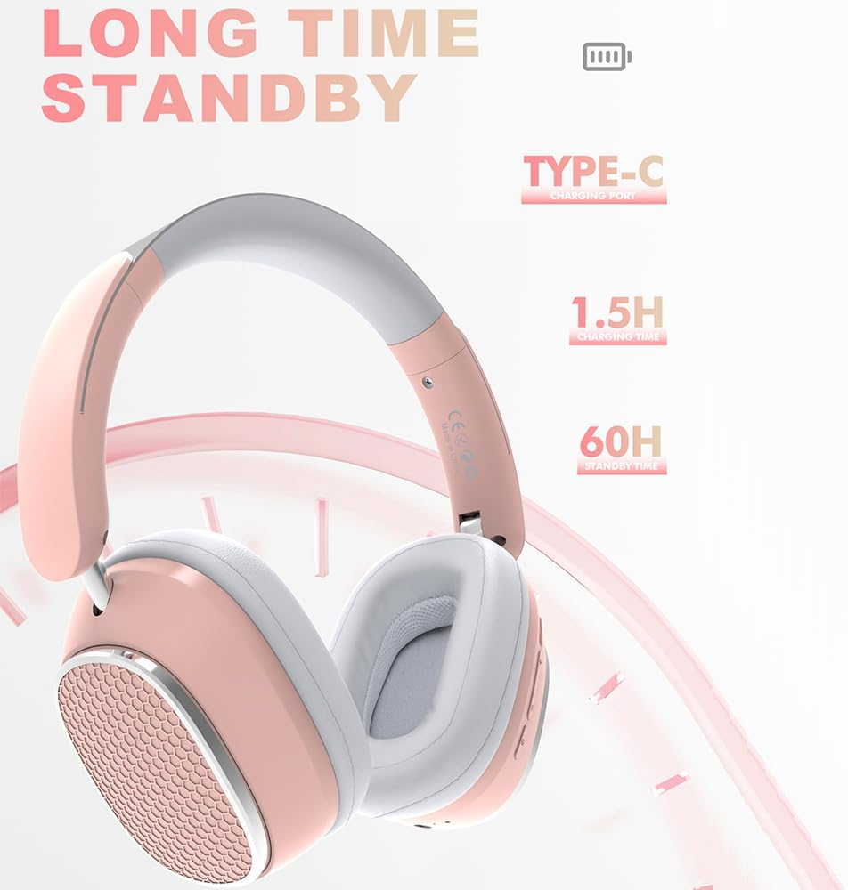 AYI Premium Active Noise Cancellation Bluetooth Headset over Ear Headphones with Detachable Microphone Hifi Stereo Sound Rechargeable Game Headphone Compatible with Smartphone/Tv/Pad/Laptop-Pink - Headset M12 Pink image number 6