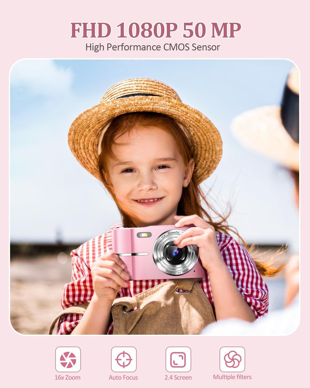 Upgrade Digital Camera, 50MP Full High Definition 1080P Camera with 16X Zoom anti Shake, Compact Camera for Kid Student Children Teen Girl Boy, Kids Camera with 32GB SD Card (Pink) - Green image number 7