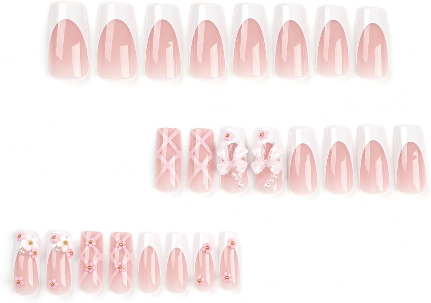 24-PCS French Pink Bow Press on Nails,Long Length Square Coffin Fake Nails with Cute 3D Flower Design,Rhinestone Glossy and Full Cover Acrylic False Nails for Valentine&rsquo;S Day,Wedding,Party image number 3