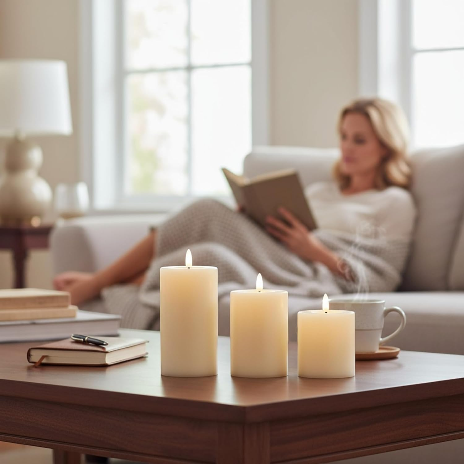 MIJOMA LED Candles Set of 3 Real Wax with Flame Effect - Warm White Light, Battery Operated Diameter 7 Cm, Heights 10/13/15 Cm - Safe Decorative Candles for Cosy Atmosphere Indoor image number 2