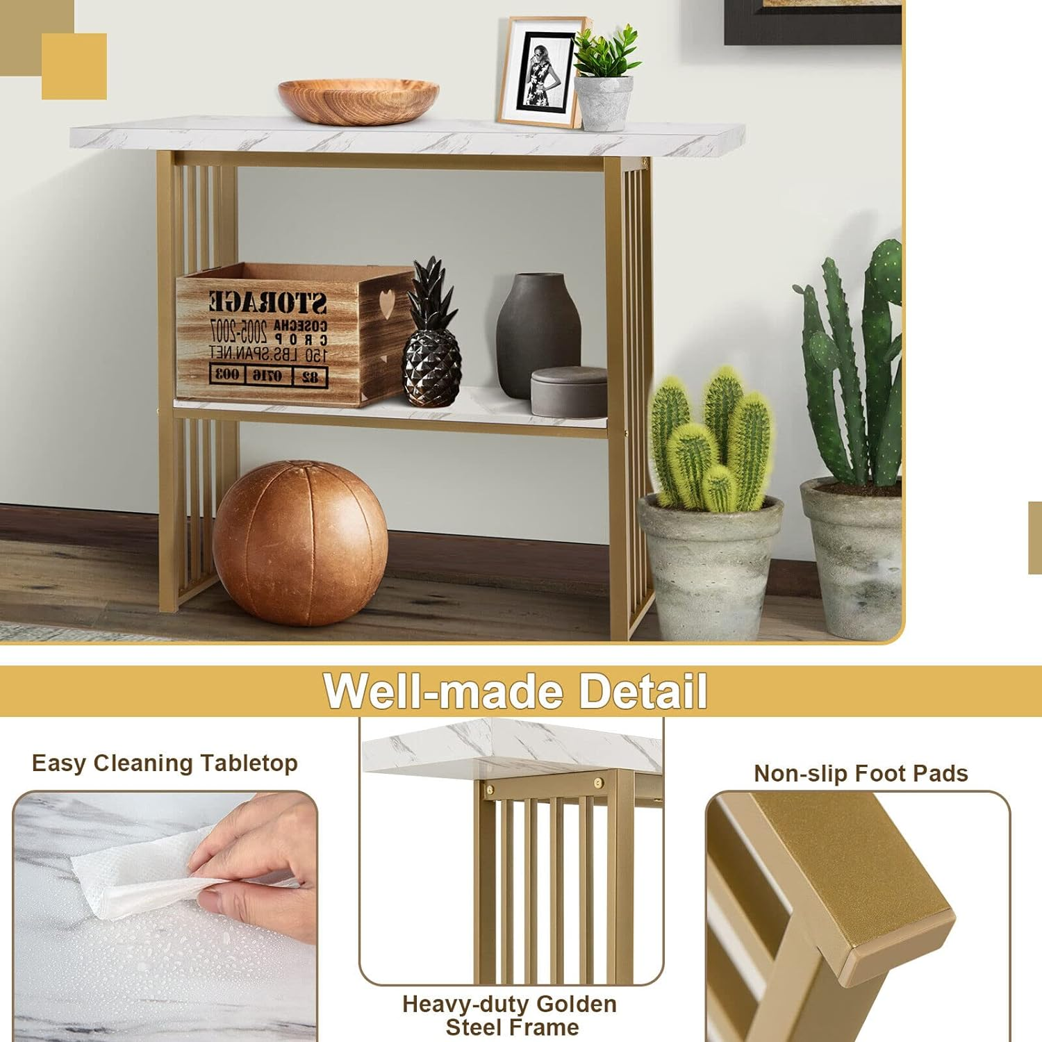 Giantex 2-Tier Console Table 120CM, White Faux Marble Sofa Table W/Open Shelf, Gold Steel Frame, Modern Entryway Table Compact Rectangular Foyer Table (White + Gold) - White + Gold image number 5