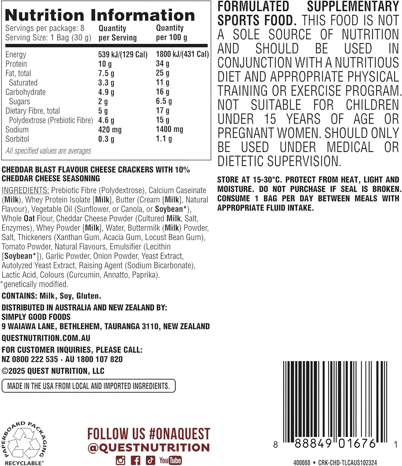 Quest Nutrition Cheese Crackers, Cheddar Blast, 10G Protein, 5G Carbs, 2G Sugar, Made with Real Cheese, 8 Packs (30G Bags)