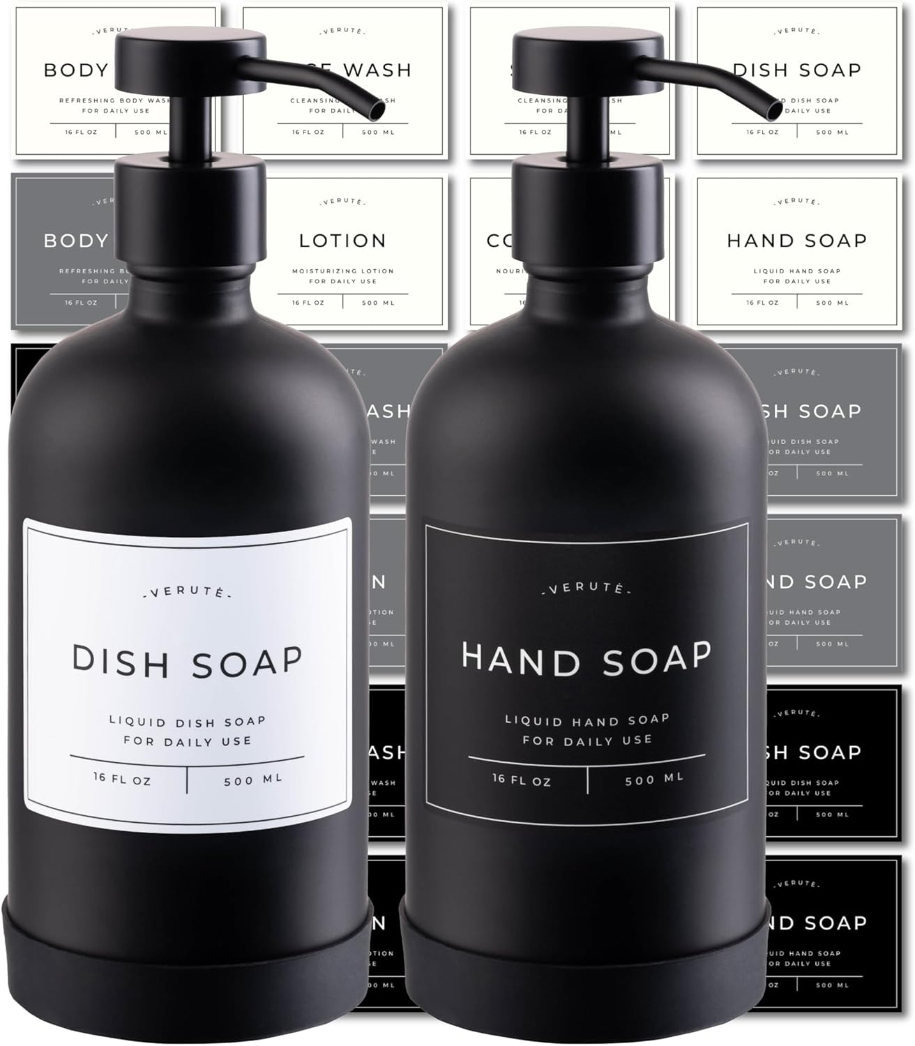 Verute 16Oz Glass Soap Dispenser with Stainless Steel Pump, 21 Waterproof Labels, Non-Slip Protective Silicone Pad, Set of 2 for Bathroom & Kitchen (Matte Black Bottle/Black Pump) image number 4