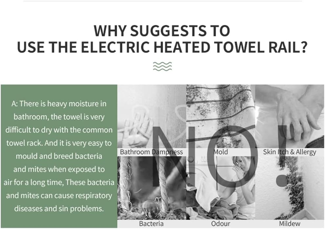 ACA Trading SAA Bathroom Heated Towel Rack,4 Rungs Square Electric Heated Towel Rail,Wall Mounted Towel Warmer Dryer,Stainless Steel Clothes Towel Drying Heater,Waterproof IP55 &SAA Apporved(Silver) - Chrome - 6 Bar image number 6