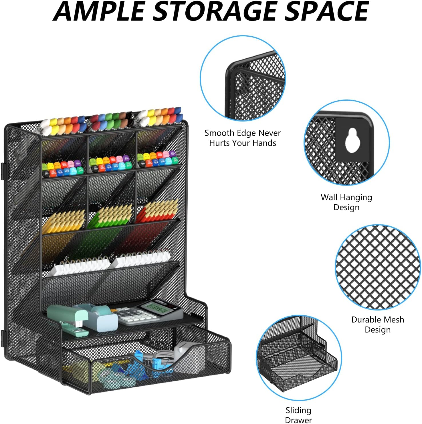 Pen Organizer for Desk, Multi-Functional Desk Organizer, Wall Mount Pen Holder with Drawer for School, Office, Home, Art Supplies, Black image number 3