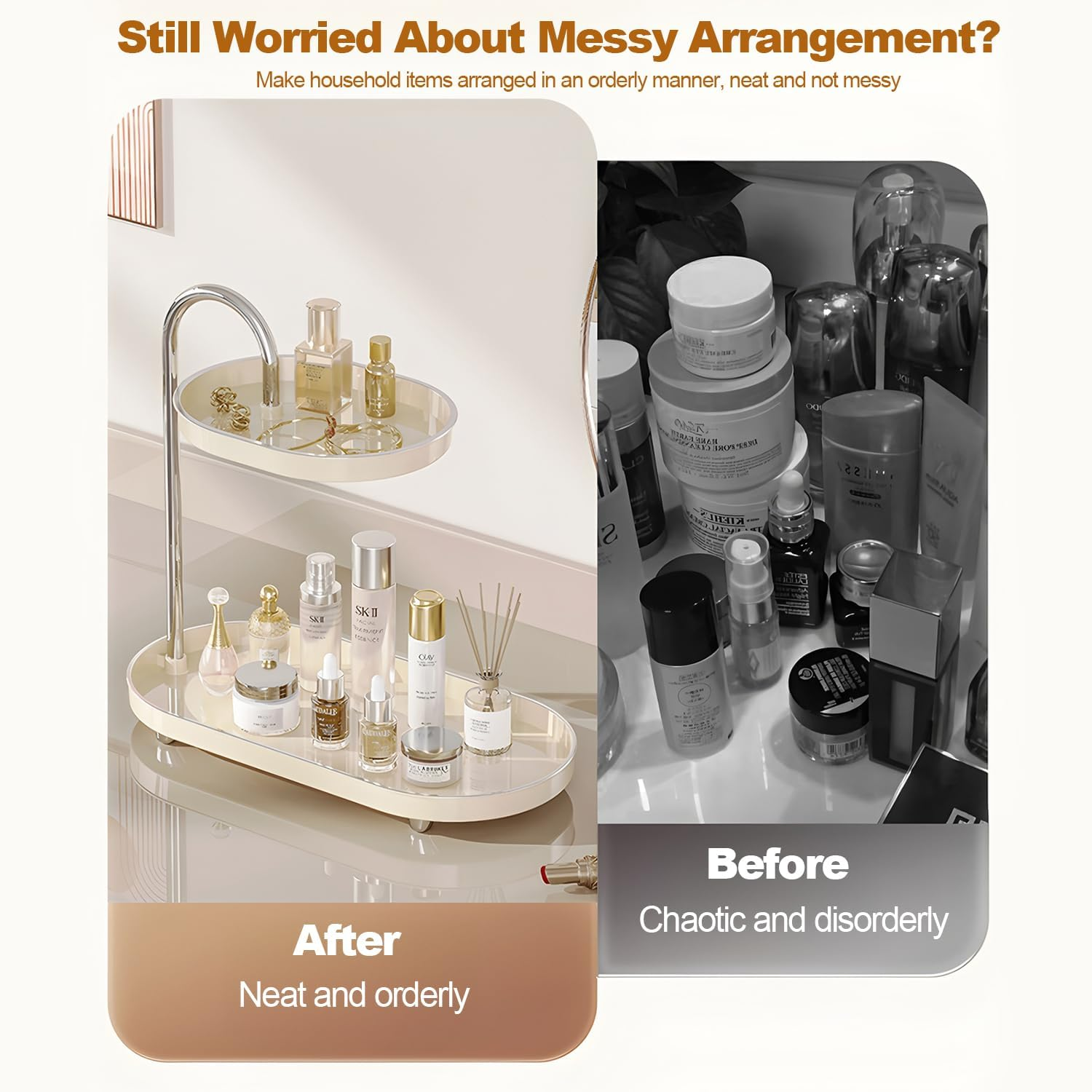 Makeup Perfume Storage Box,Spinning Skincare Cosmetic Organiser 2 Tier Large Beauty Spinny Make up Storage Organiser Shelf for Perfume, Jewellery, Dresser, Vanity, Bedroom, Bathroom (Cream White) - Black image number 6