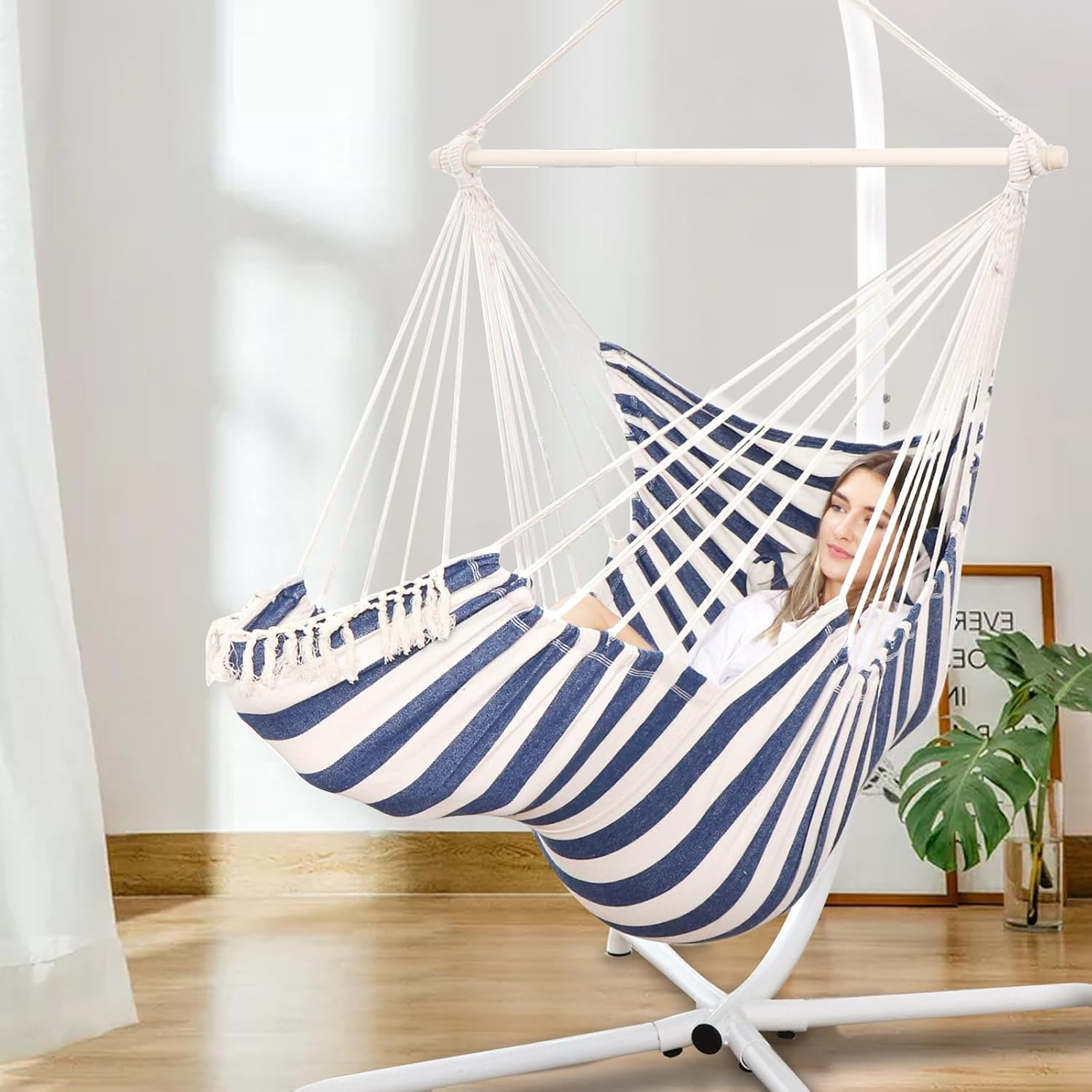 Chihee Hammock Chair Hanging Chair with Foot Rest 2 Cushions Max 500Lbs Robust Metal Spreader Bar Collapsible Easy Storage Soft Cotton Swing Chair Strong Strap Iron Carabiner Side Pocket Included image number 2